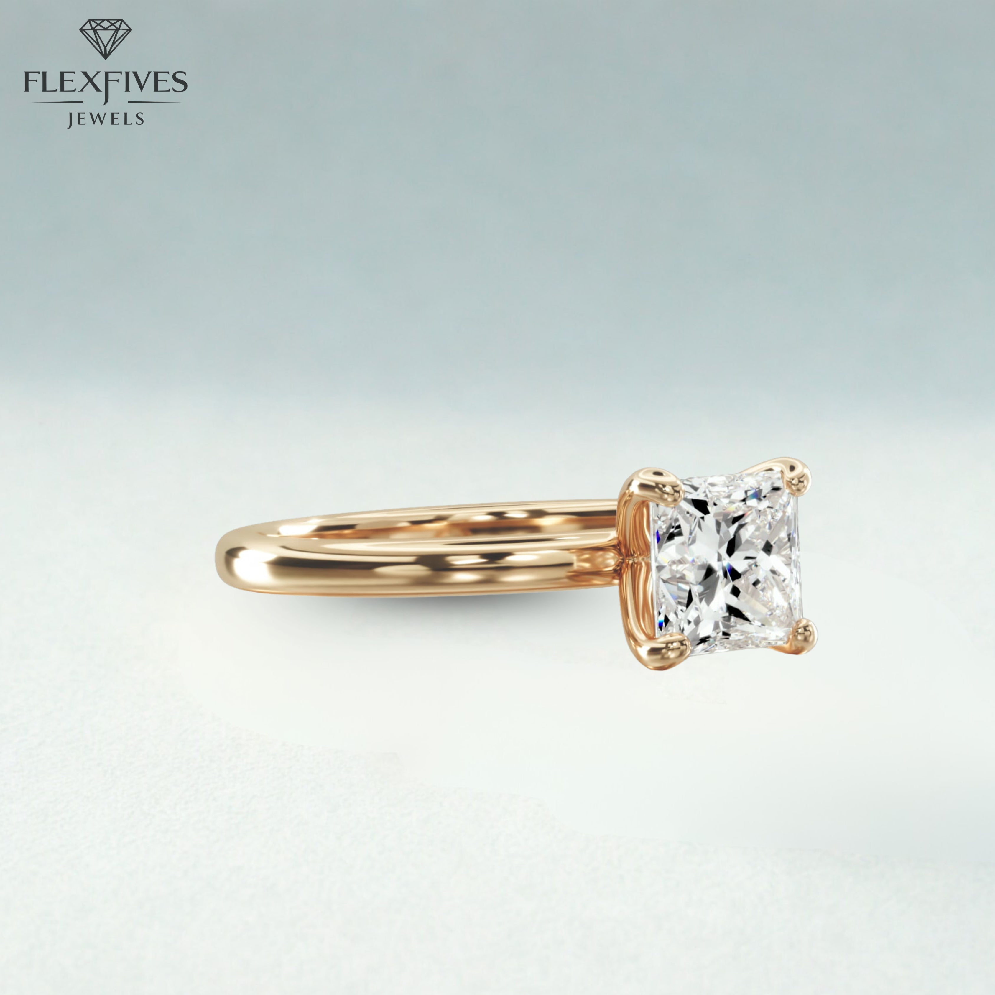 Engagement Ring 14K Solid Gold 1.50CT Princess Cut Solitaire Diamond Modern Compass Prongs Statement Ring Wedding Proposal Ring Gift
