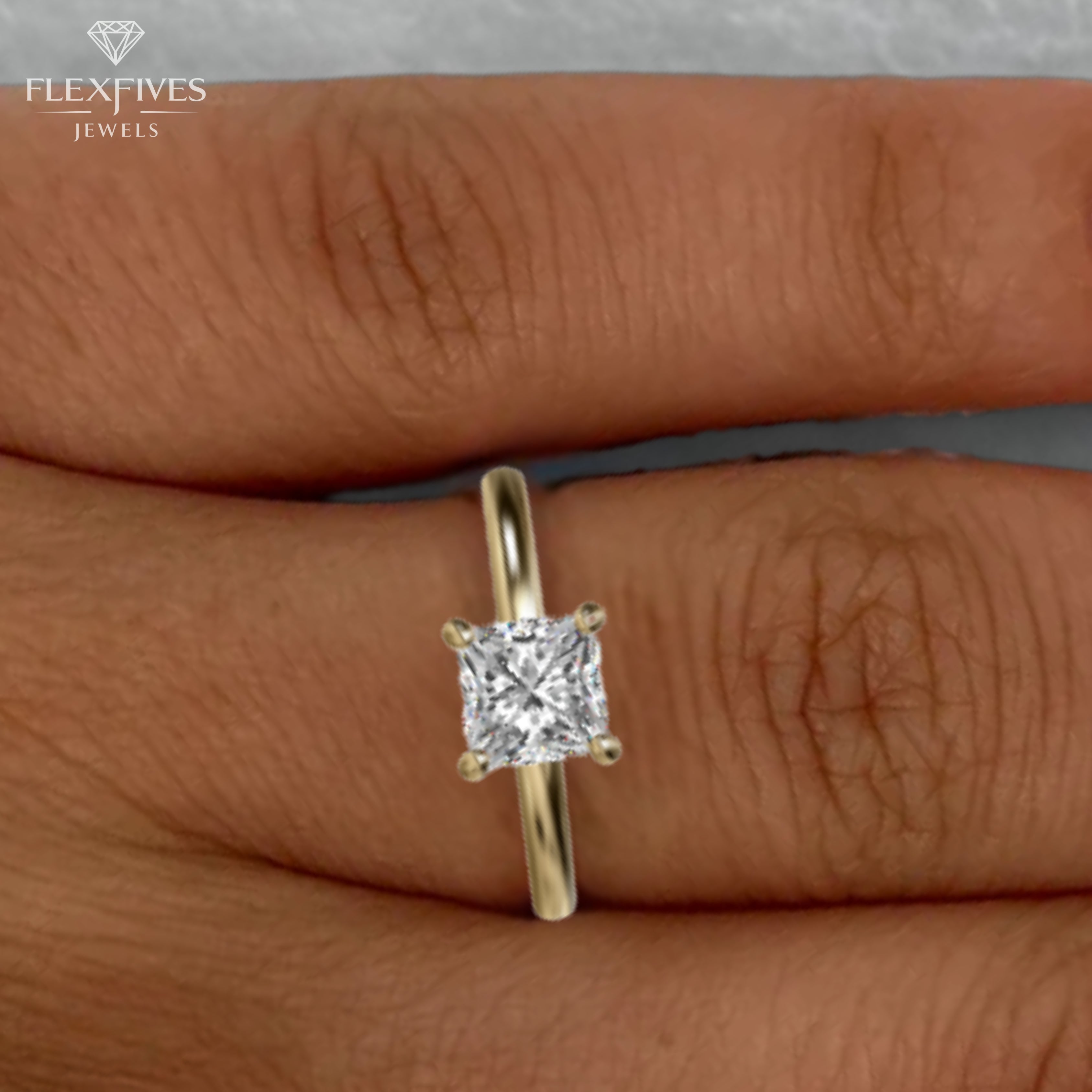 Engagement Ring 14K Solid Gold 1.50CT Princess Cut Solitaire Diamond Modern Compass Prongs Statement Ring Wedding Proposal Ring Gift
