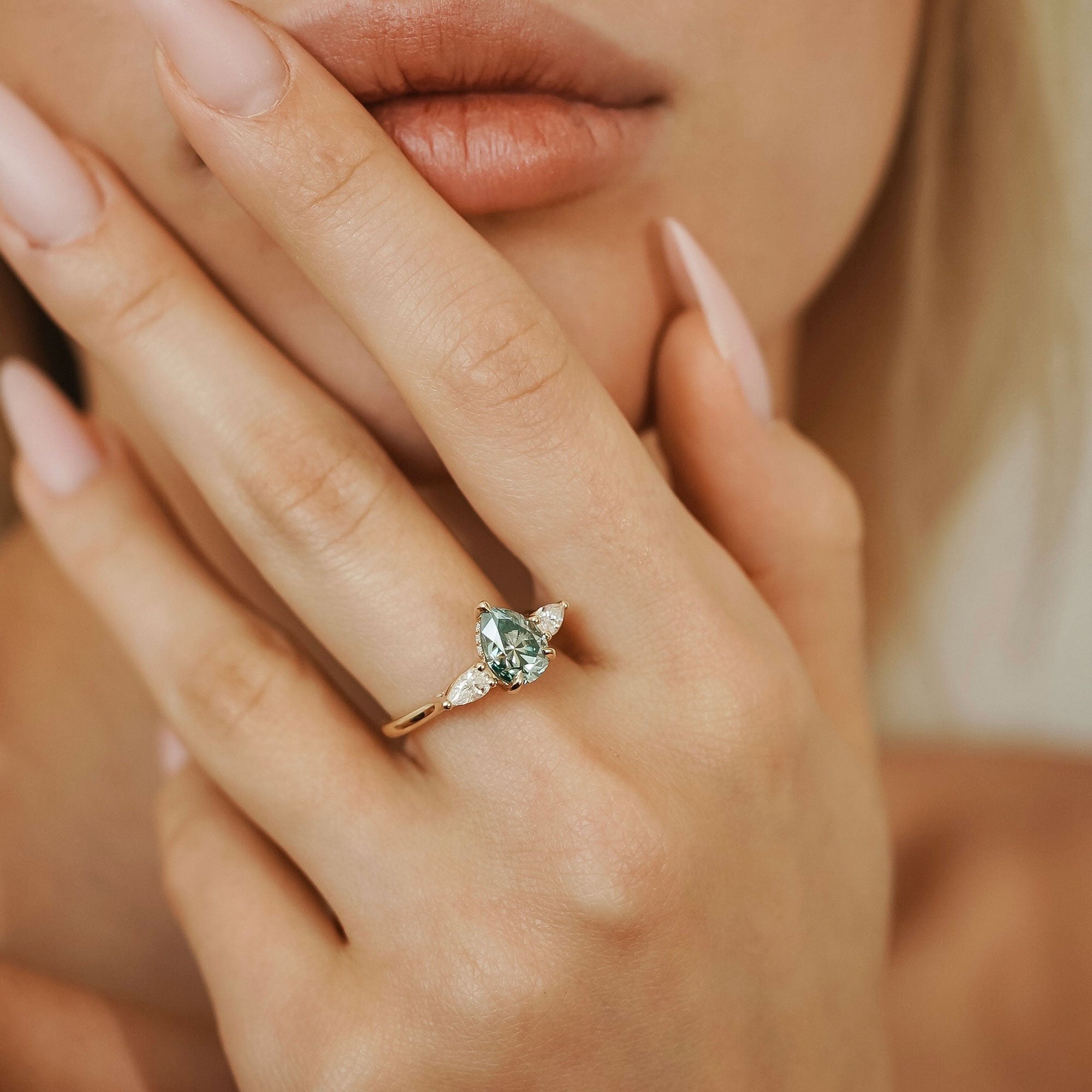 Purity Petal Hidden Halo Three Stone Engagement Ring, Cyan Green Moissanite