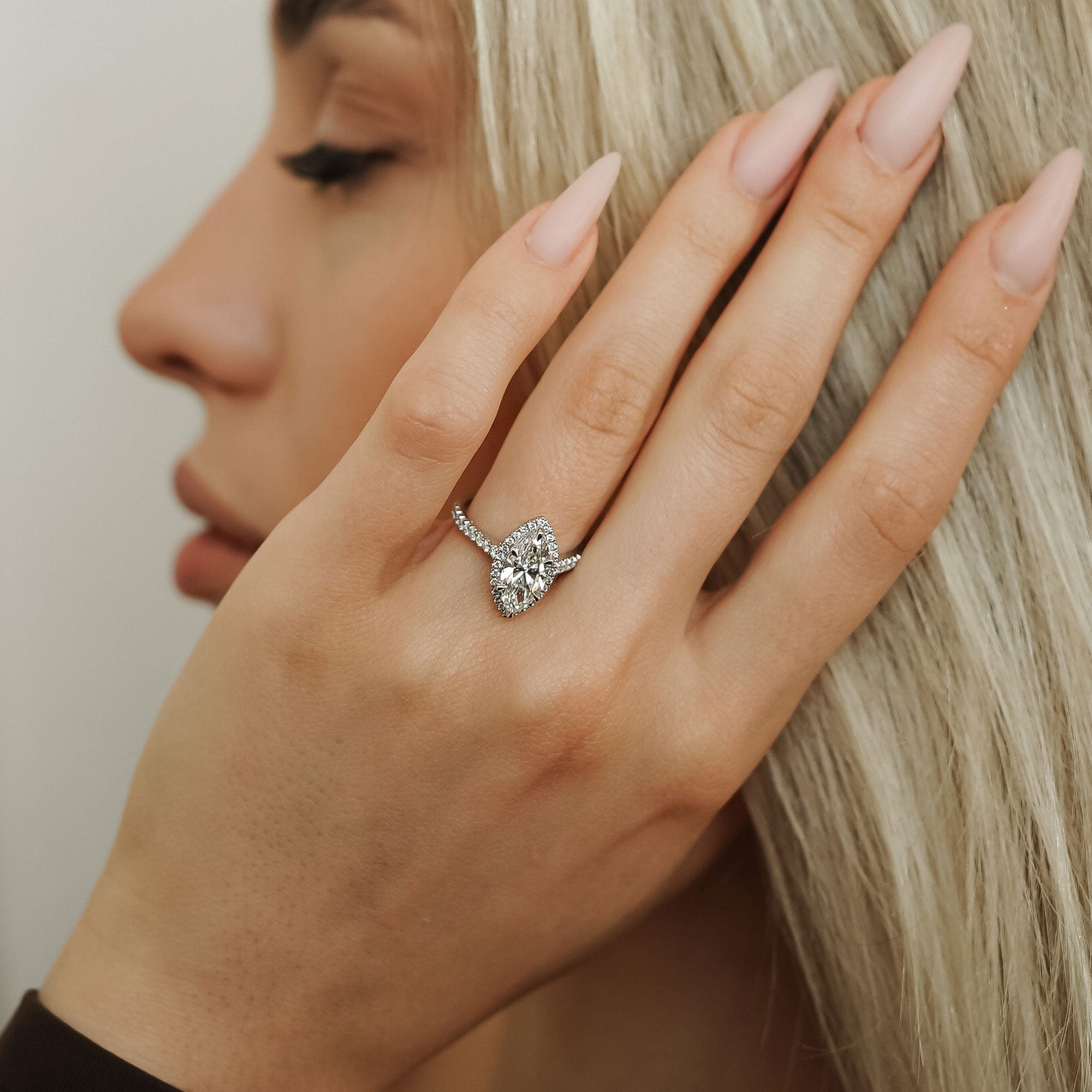 Stefania Marquise Halo Engagement Ring, Hidden V Pave?