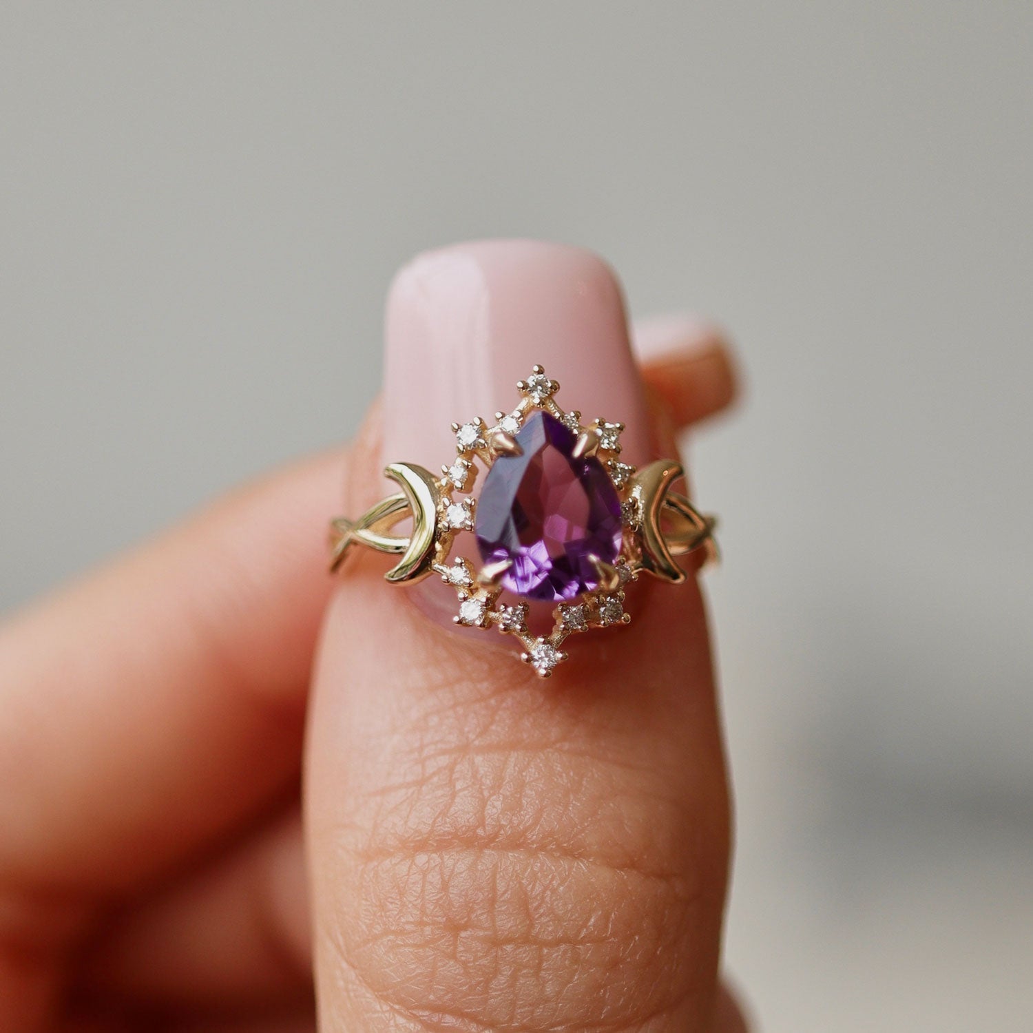 Alice Star & Moon Magic Engagement Ring, Pear Cut Amethyst