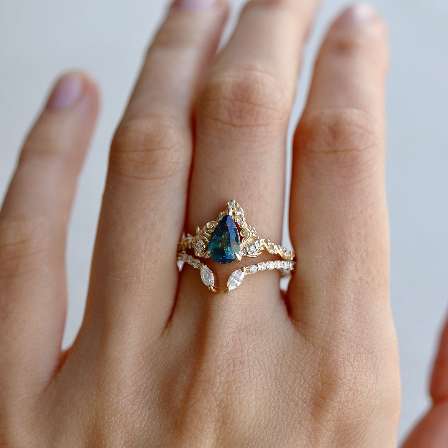 Blossom Rose & Dancing Swan Engagement Ring, Pear Cut Teal Sapphire