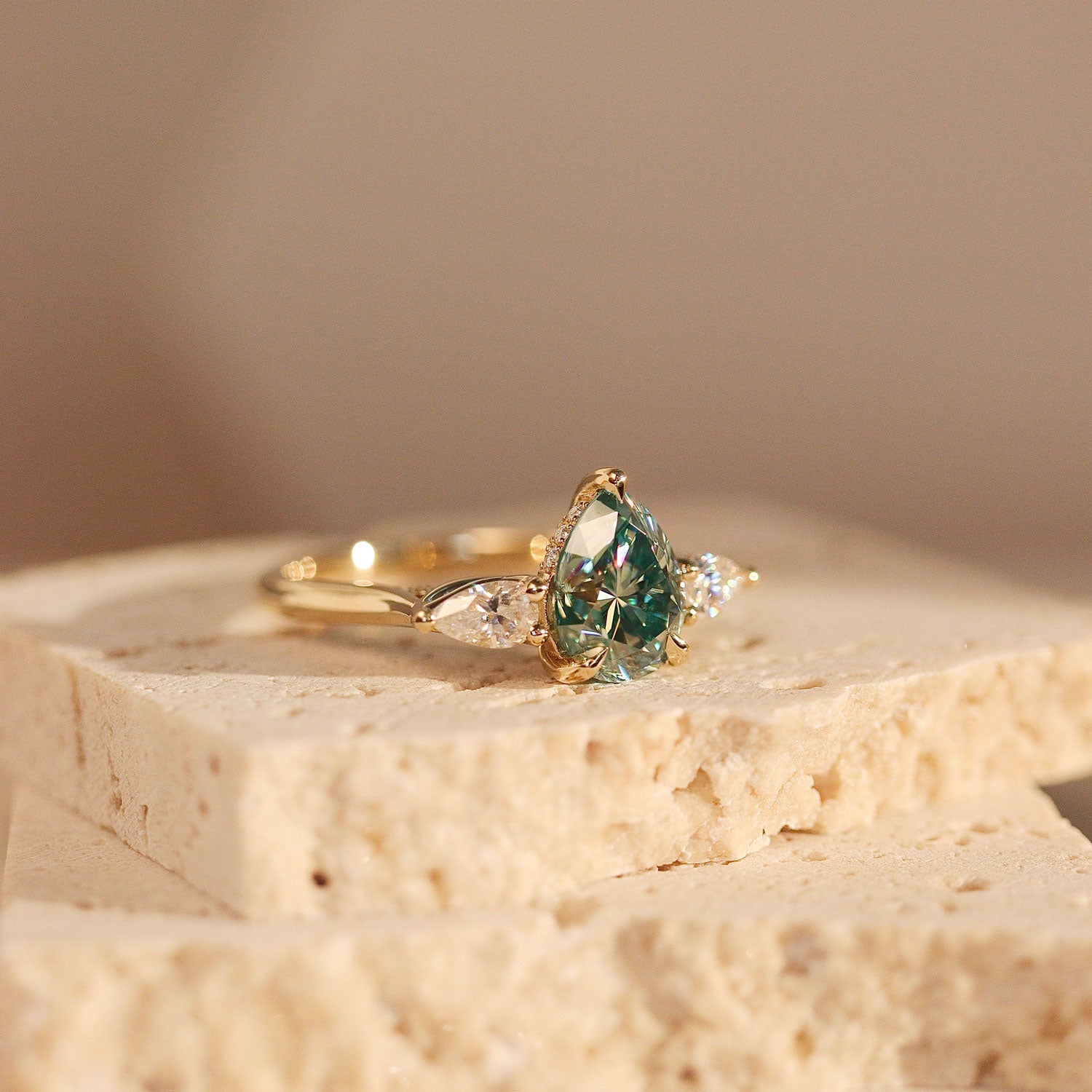 Purity Petal Hidden Halo Three Stone Engagement Ring, Cyan Green Moissanite