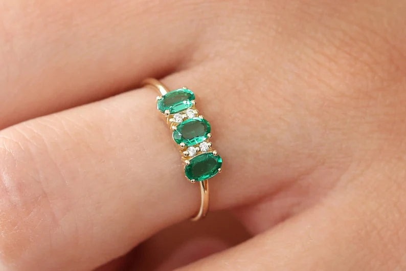 Flexfives Triple Oval Emerald Diamond Silver Ring