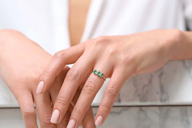 Flexfives Triple Oval Emerald Diamond Silver Ring