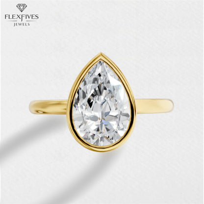 Bezel Set Pear Cut Solitaire Moissanite Engagement Ring | 1.50 CT Moissanite Ring in 14K Solid Gold | Solo Ring for Women