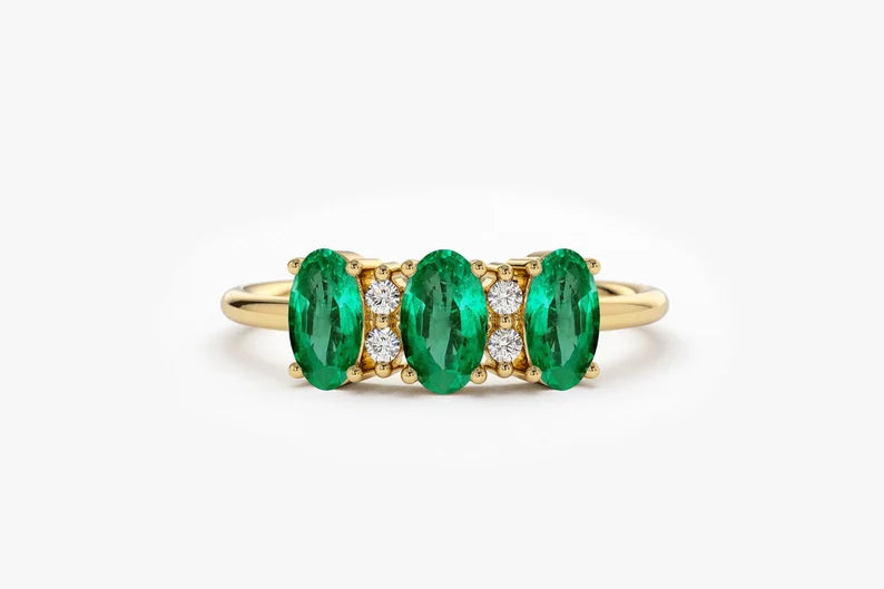 Flexfives Triple Oval Emerald Diamond Silver Ring