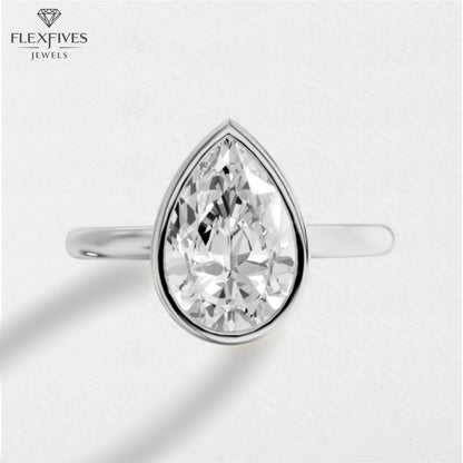 Bezel Set Pear Cut Solitaire Moissanite Engagement Ring | 1.50 CT Moissanite Ring in 14K Solid Gold | Solo Ring for Women
