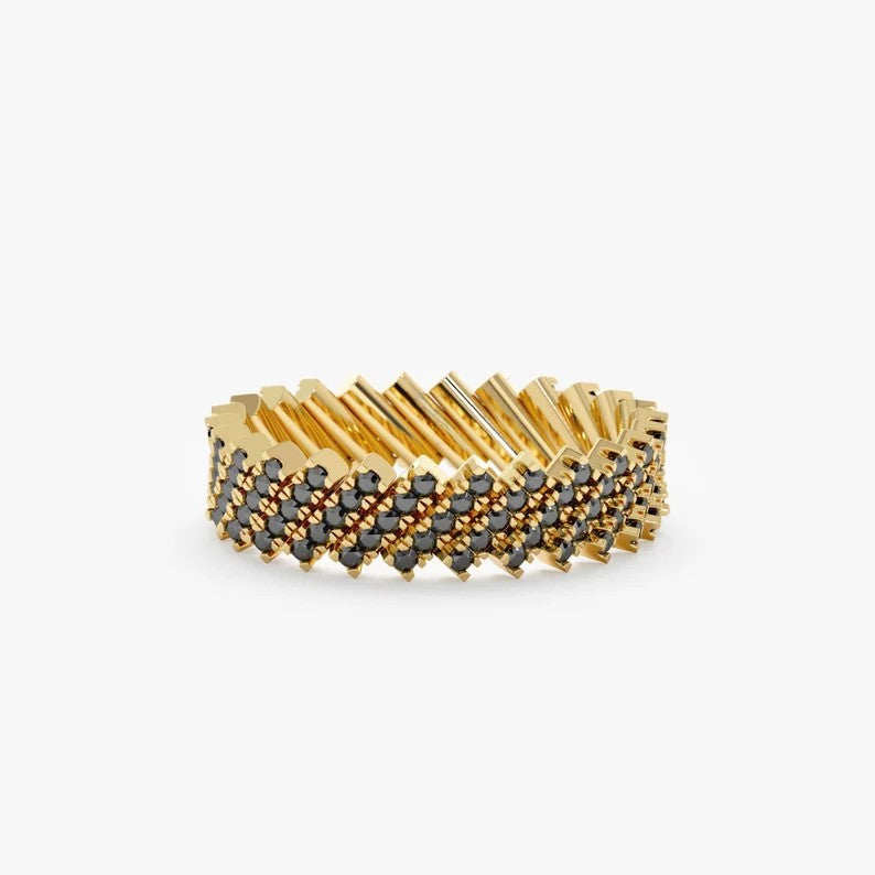 Black Diamond Eternity Ring, Wide Solid Gold Band with Lab Grown Diamond, 14k Solid Stackable Gold Ring, Geometrical Set, Leanna