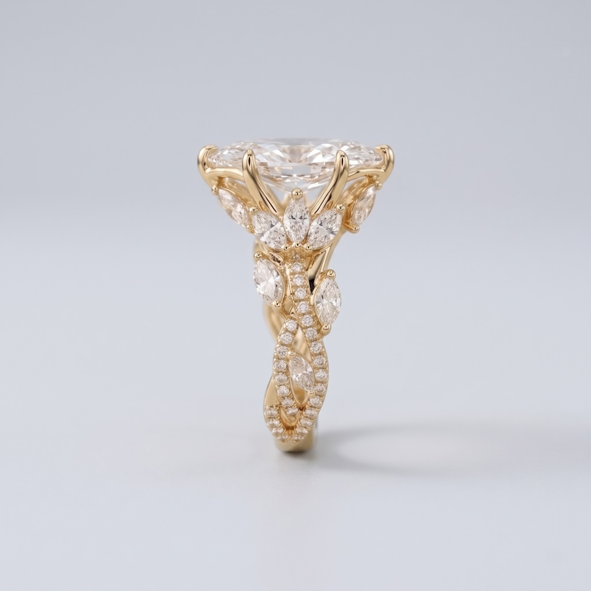Marquise Moissanite Engagement Ring with Twisted Infinity Band in 14K gold