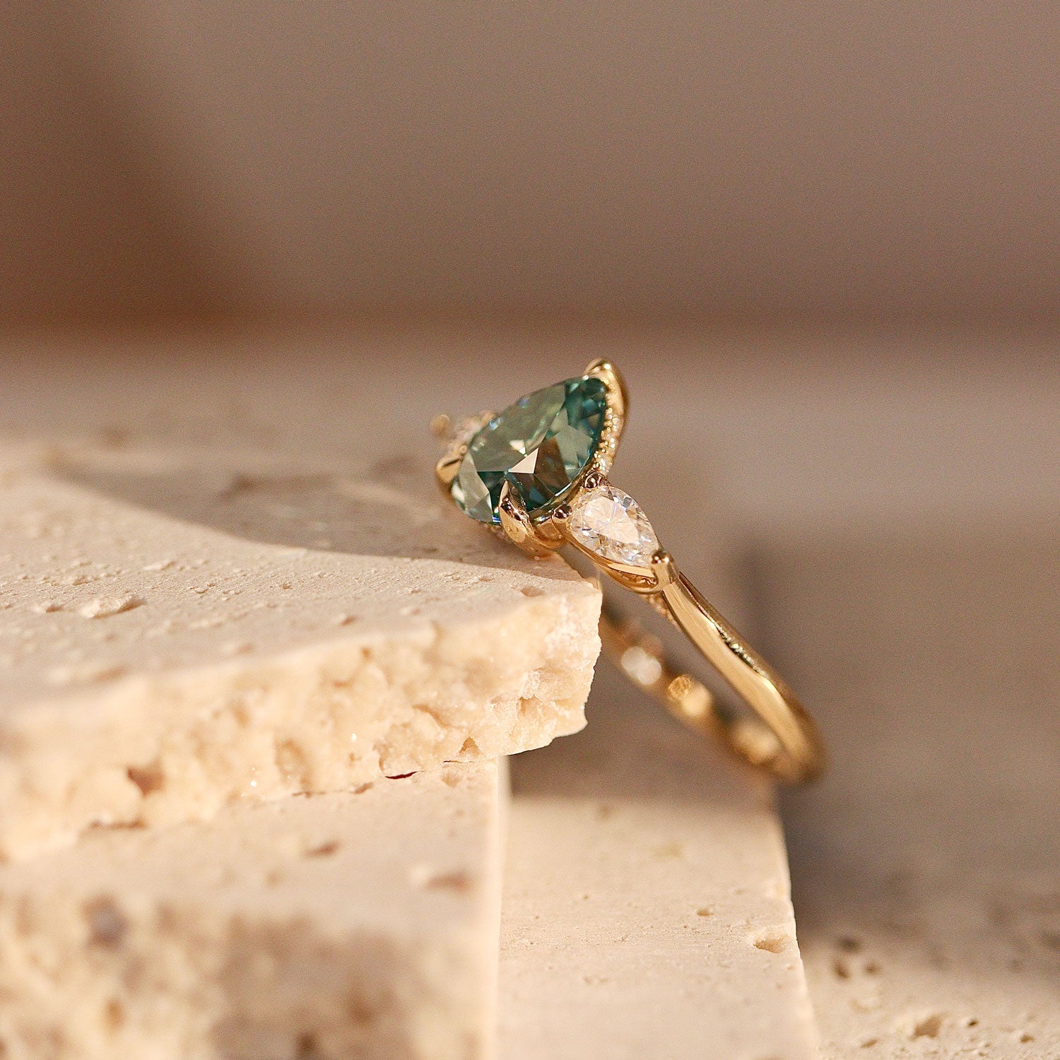 Purity Petal Hidden Halo Three Stone Engagement Ring, Cyan Green Moissanite