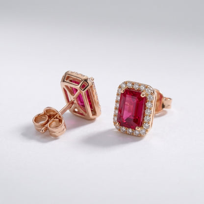 Emerald-cut pink sapphire earrings with round diamond accents