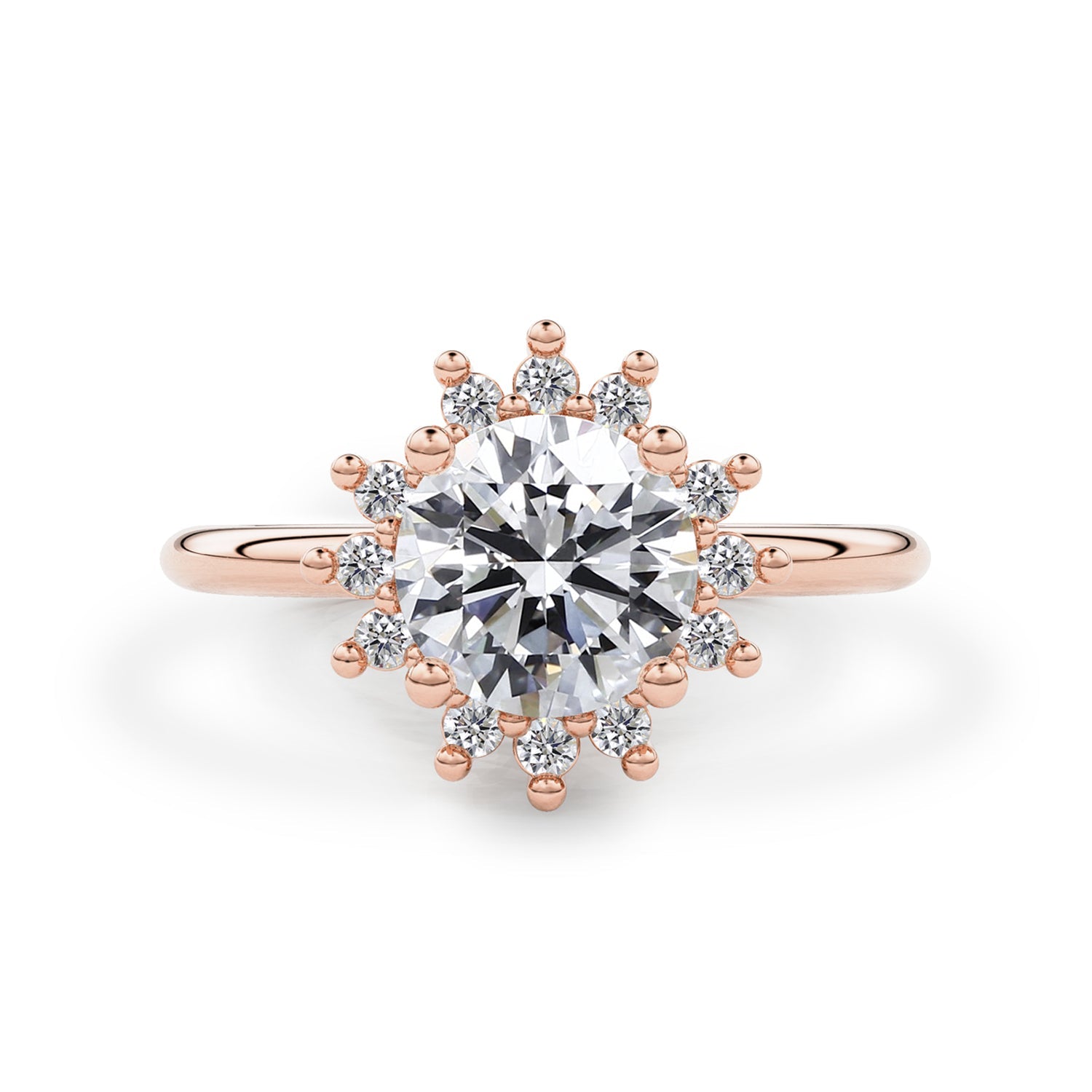 Round Peaceful Sunflower Halo Engagement Ring, Moissanite/Lab Grown Diamond