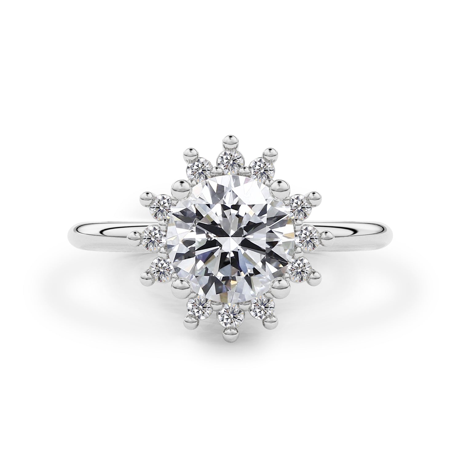 Round Peaceful Sunflower Halo Engagement Ring, Moissanite/Lab Grown Diamond