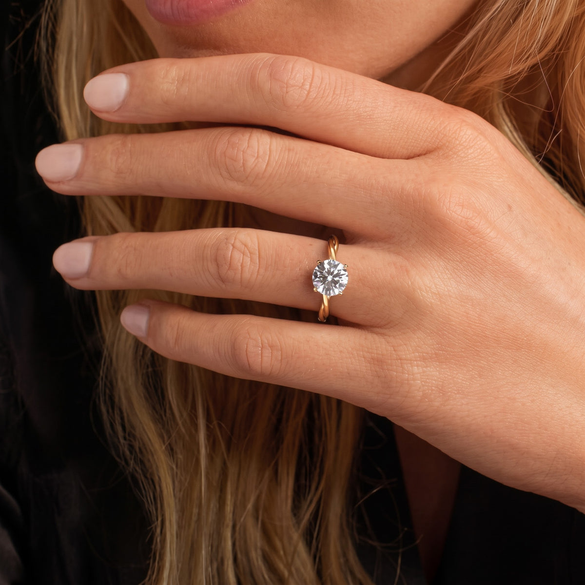 Model Wearing 1.0 CTW Round Lab-Grown Diamond Solitaire Engagement Ring in Solid 18K Gold on Ring Finger | Flexfives Jewels