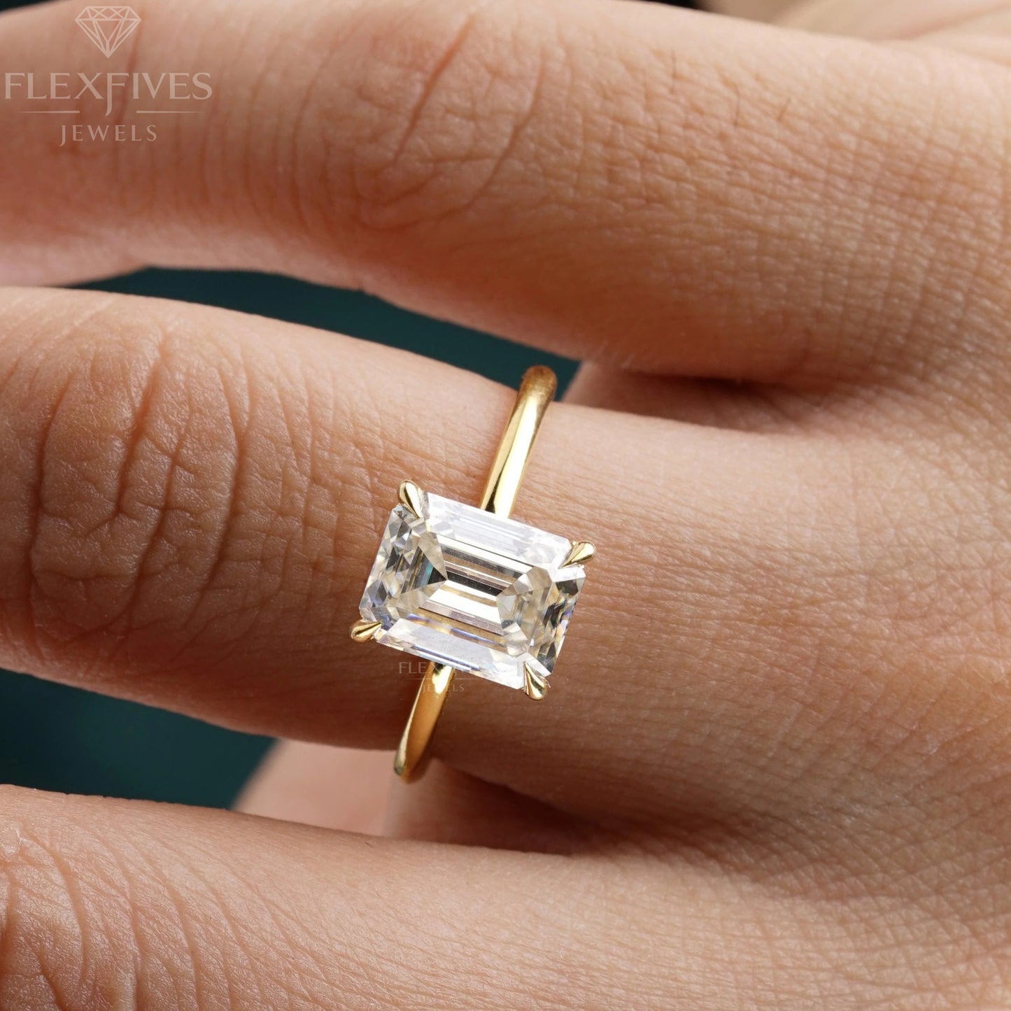 1.5 CT Emerald Cut Moissanite Engagement Ring | Moissanite Side Stones | Solid Gold | Yellow, White, Rose Gold | Ethical Bridal Jewelry