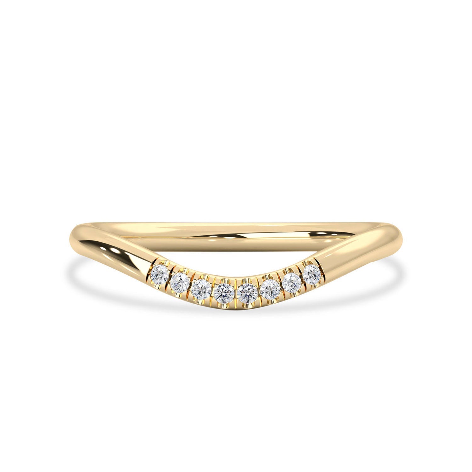 14k Solid Gold Curved Stackable Ring, Pavé With Round Brilliant