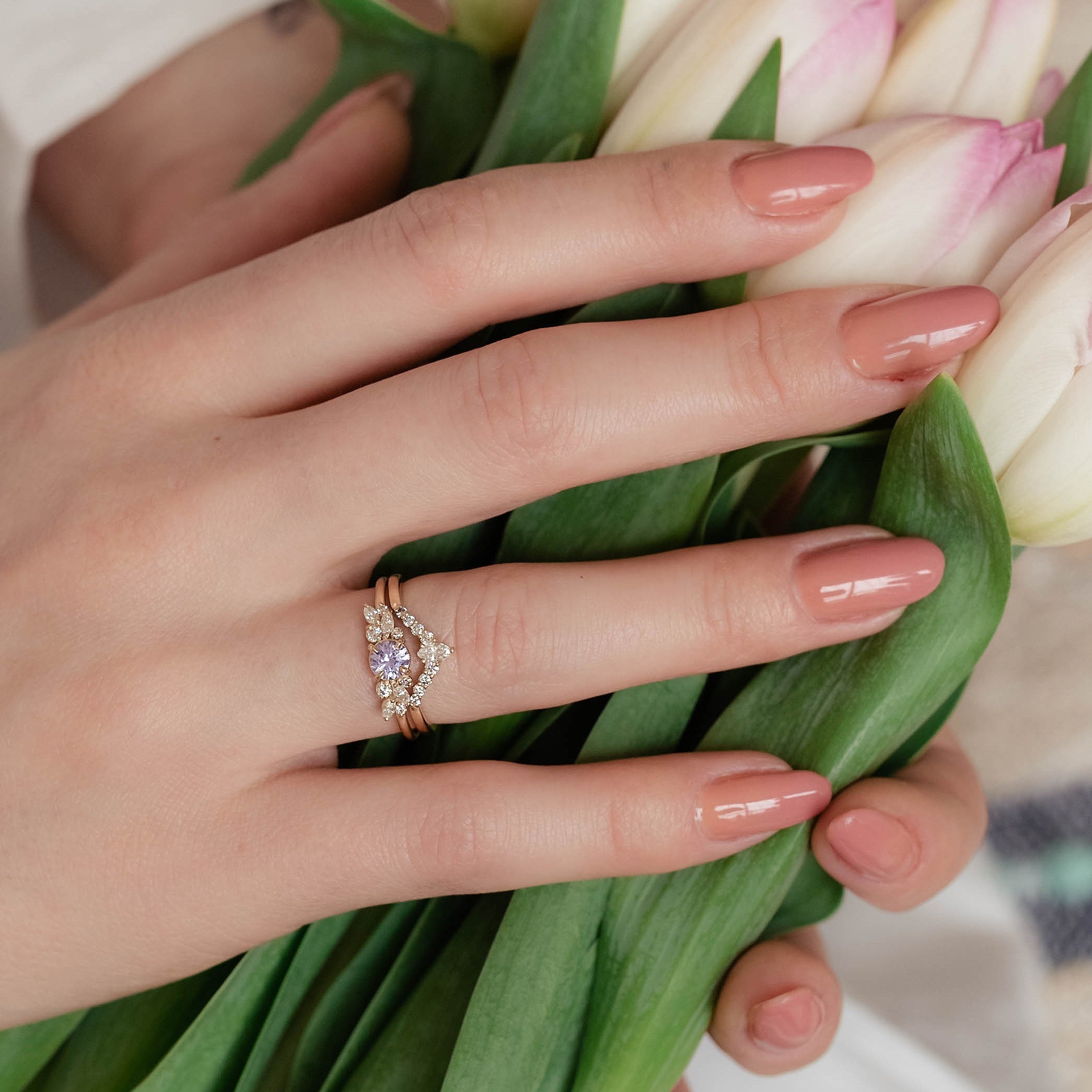 Anna's Dream Lavender Sapphire Cluster Engagement Ring, Natural Lavender Sapphire