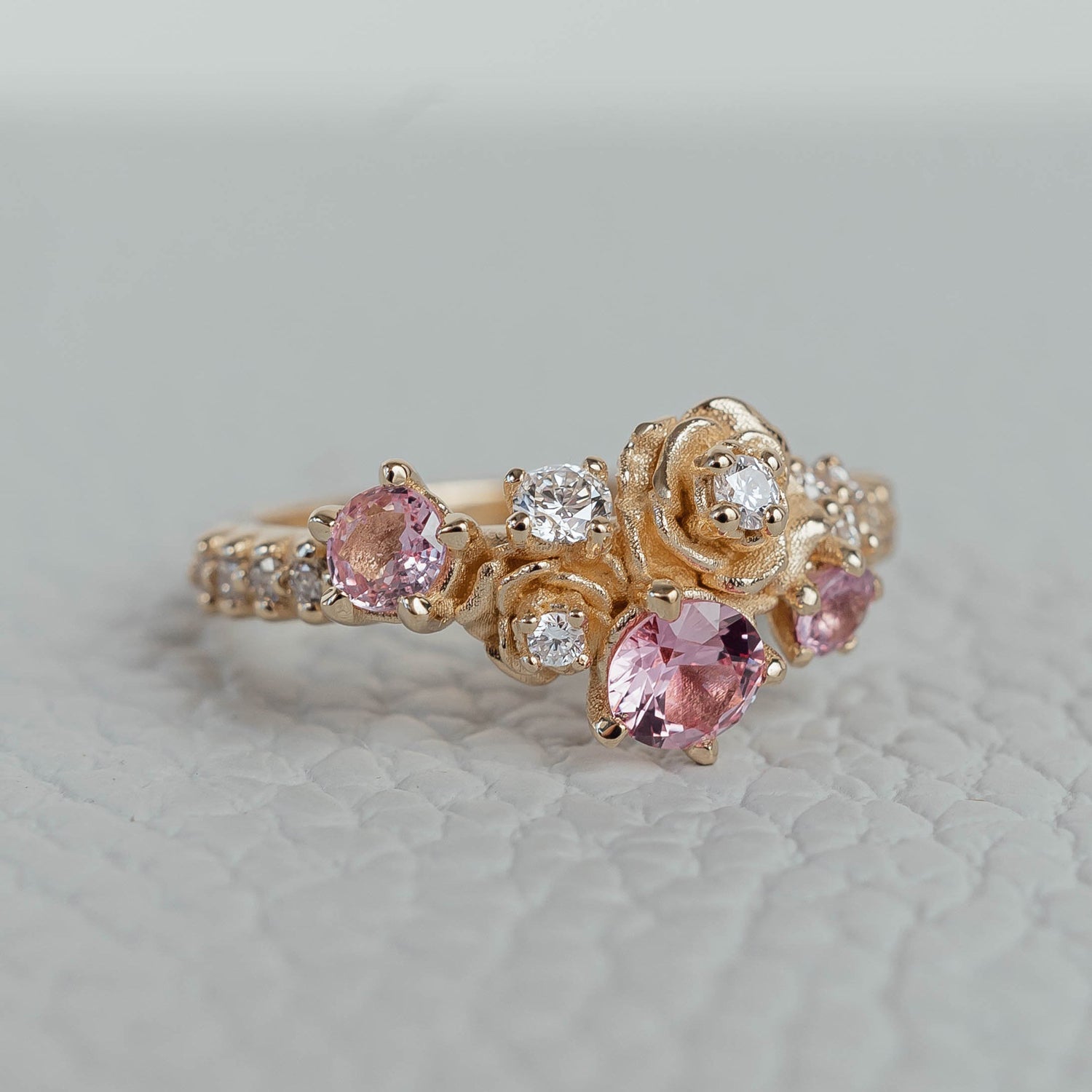 Rose Blossom Engagement Ring, Pink Sapphire & Natural Diamond