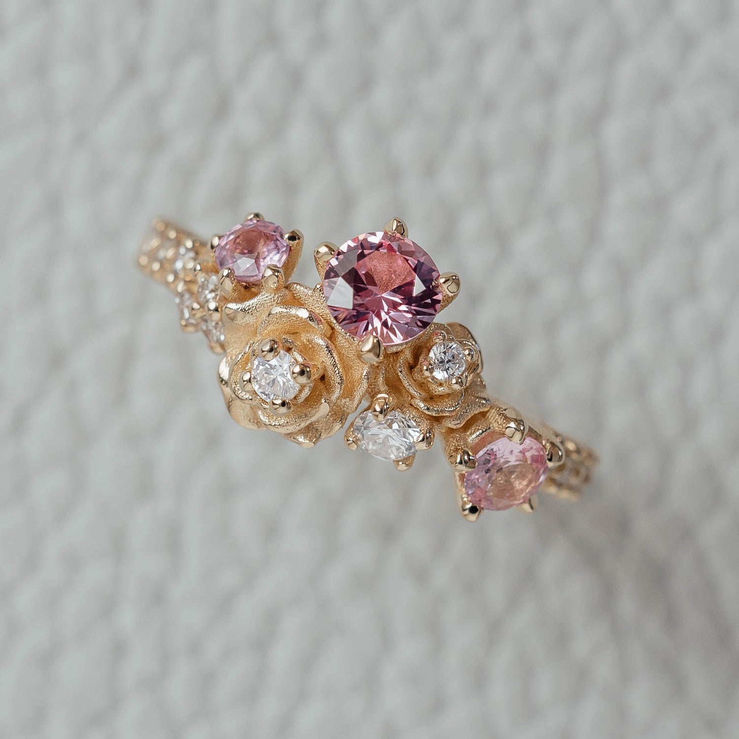 Rose Blossom Engagement Ring, Pink Sapphire & Natural Diamond