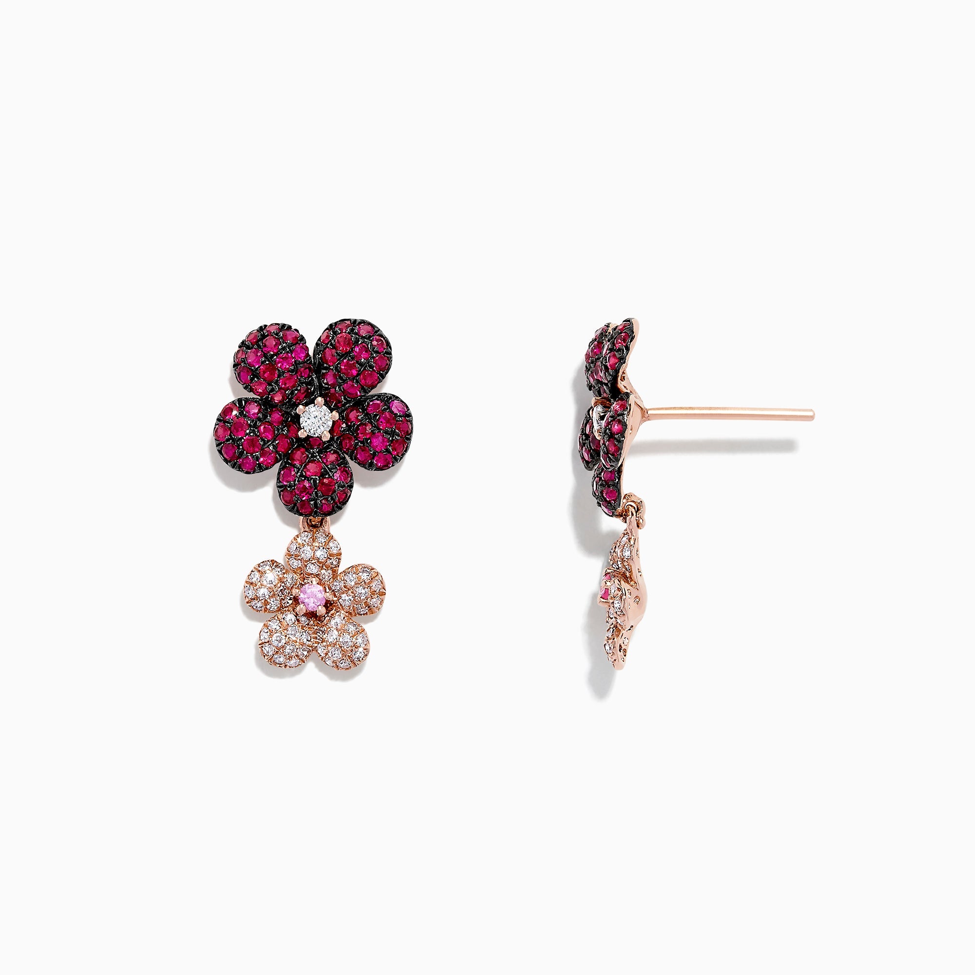 Nature 14K Gold Ruby, Sapphire & Diamond Flowers Earrings, 1.80 TCW