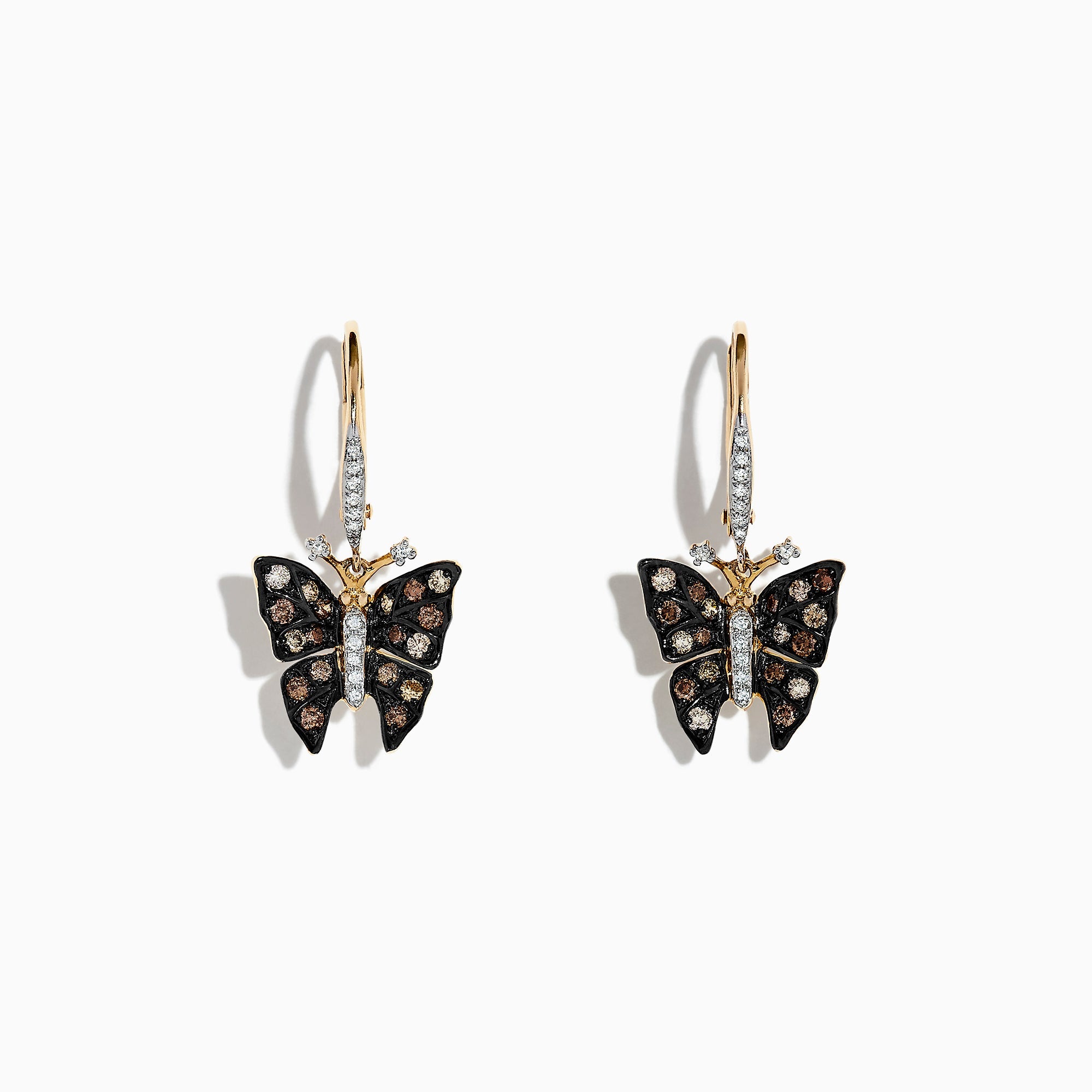 Nature 14K Yellow Gold Espresso & White Diamond Butterfly Earrings, 0.57 TCW