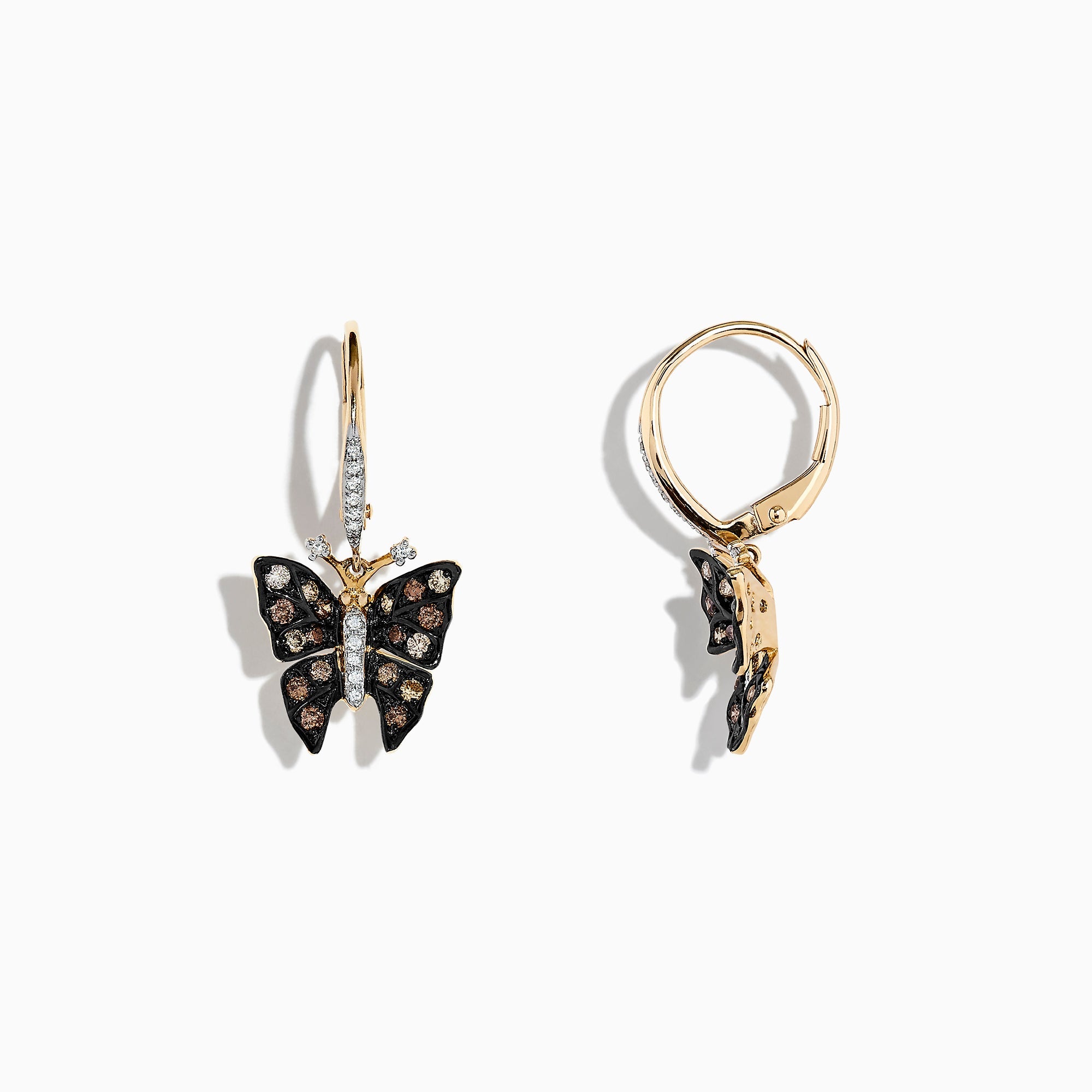 Nature 14K Yellow Gold Espresso & White Diamond Butterfly Earrings, 0.57 TCW