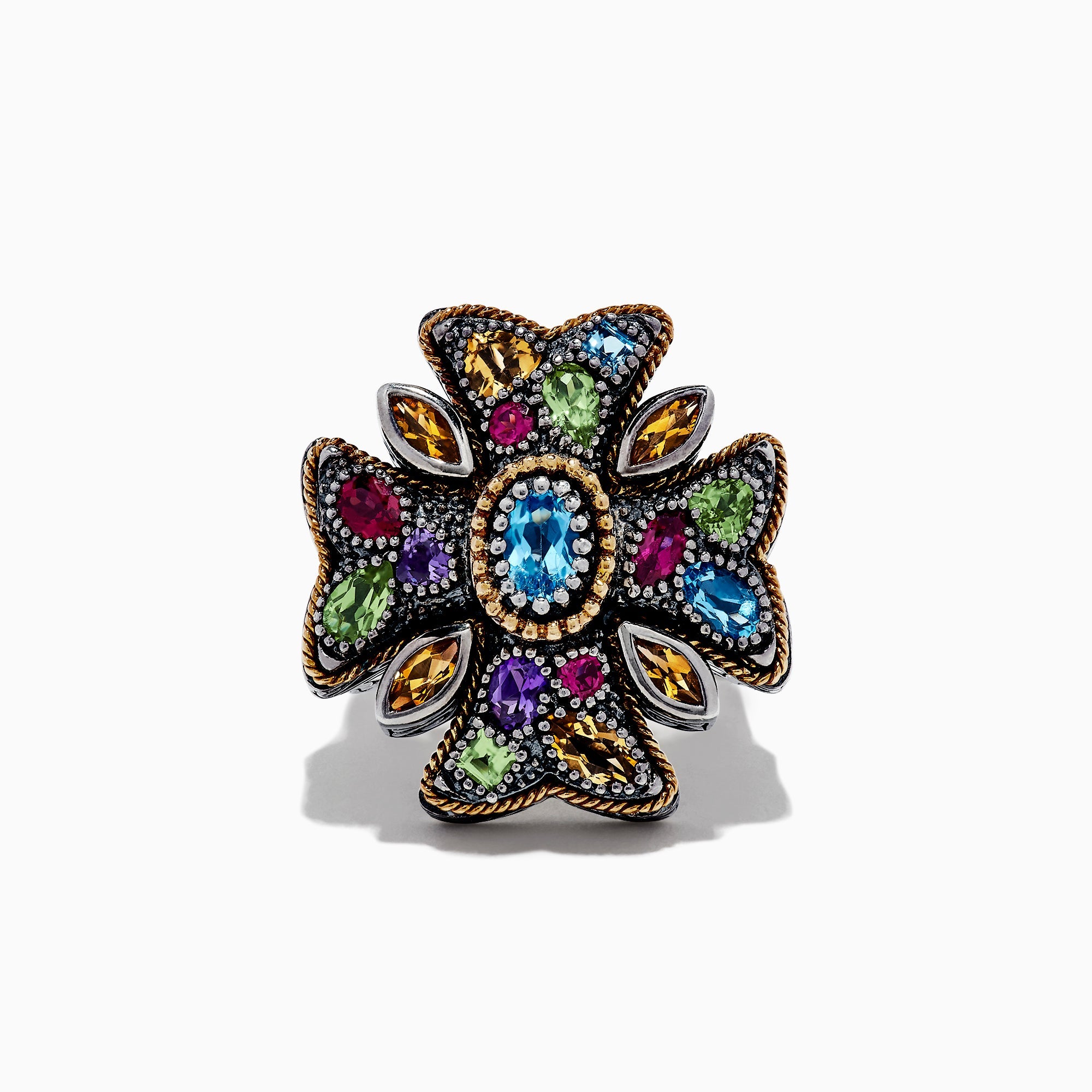 Sterling Silver and 18K Gold Multi Gemstone Cross Ring, 3.63 TCW