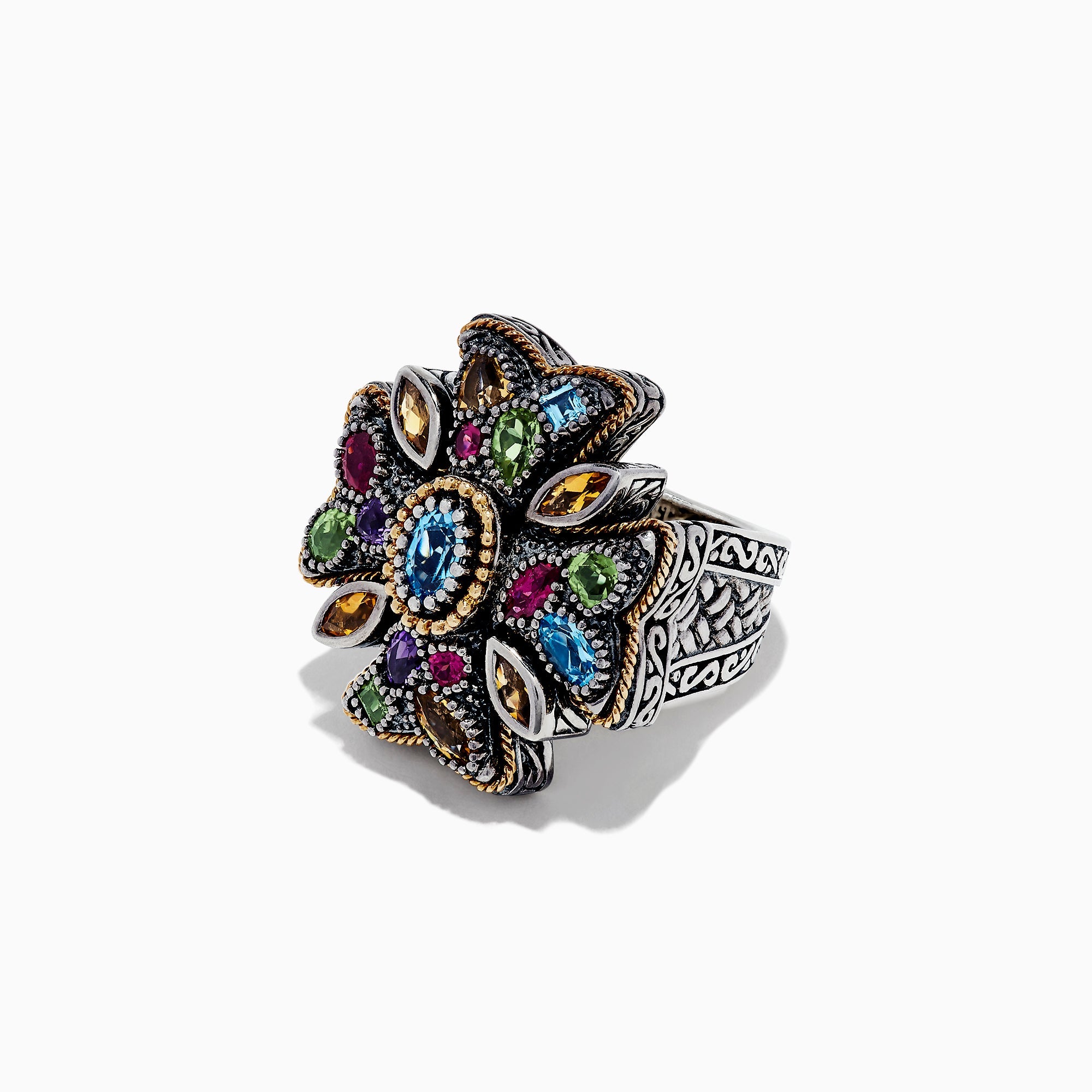 Sterling Silver and 18K Gold Multi Gemstone Cross Ring, 3.63 TCW