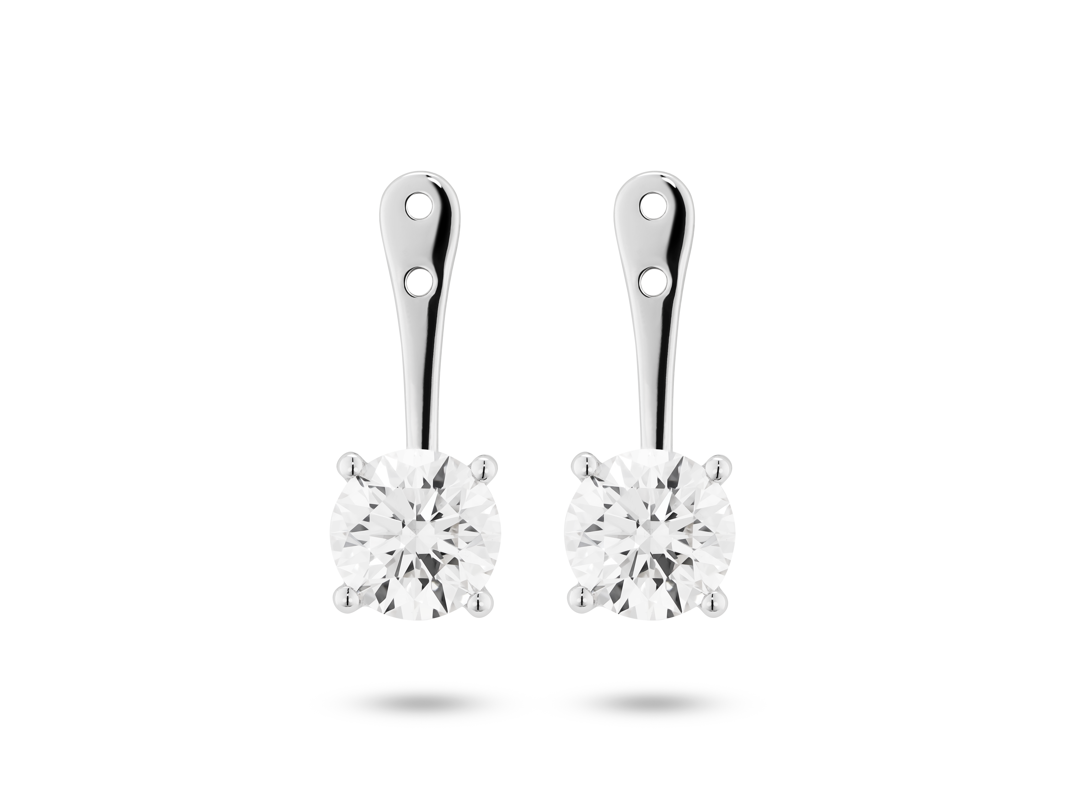 Front view of 2 carat total weight round brilliant ear jacket earrings in 14k white gold