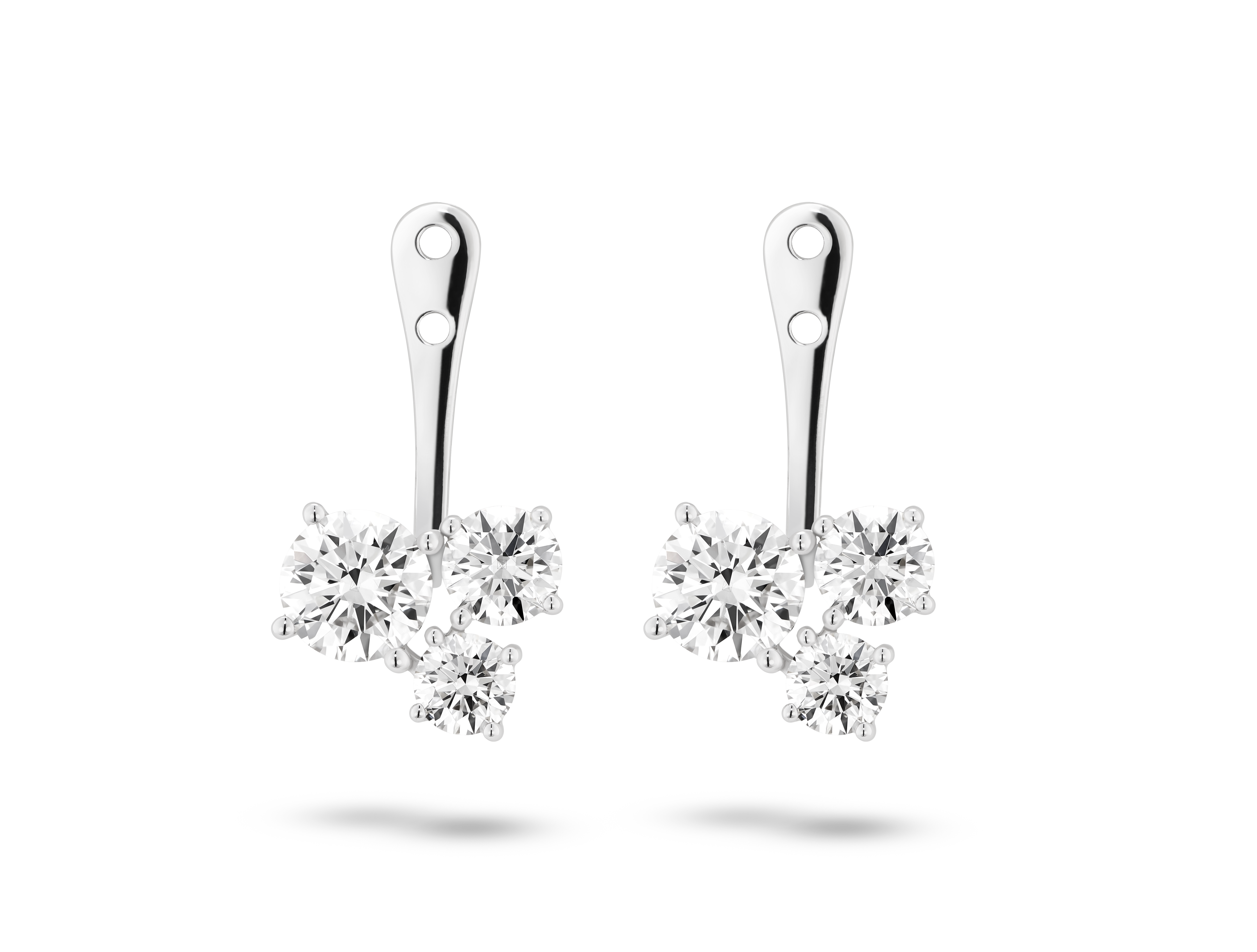 Front view of 1.8 carat total weight round brilliant cluster ear jacket earrings in 14k white gold