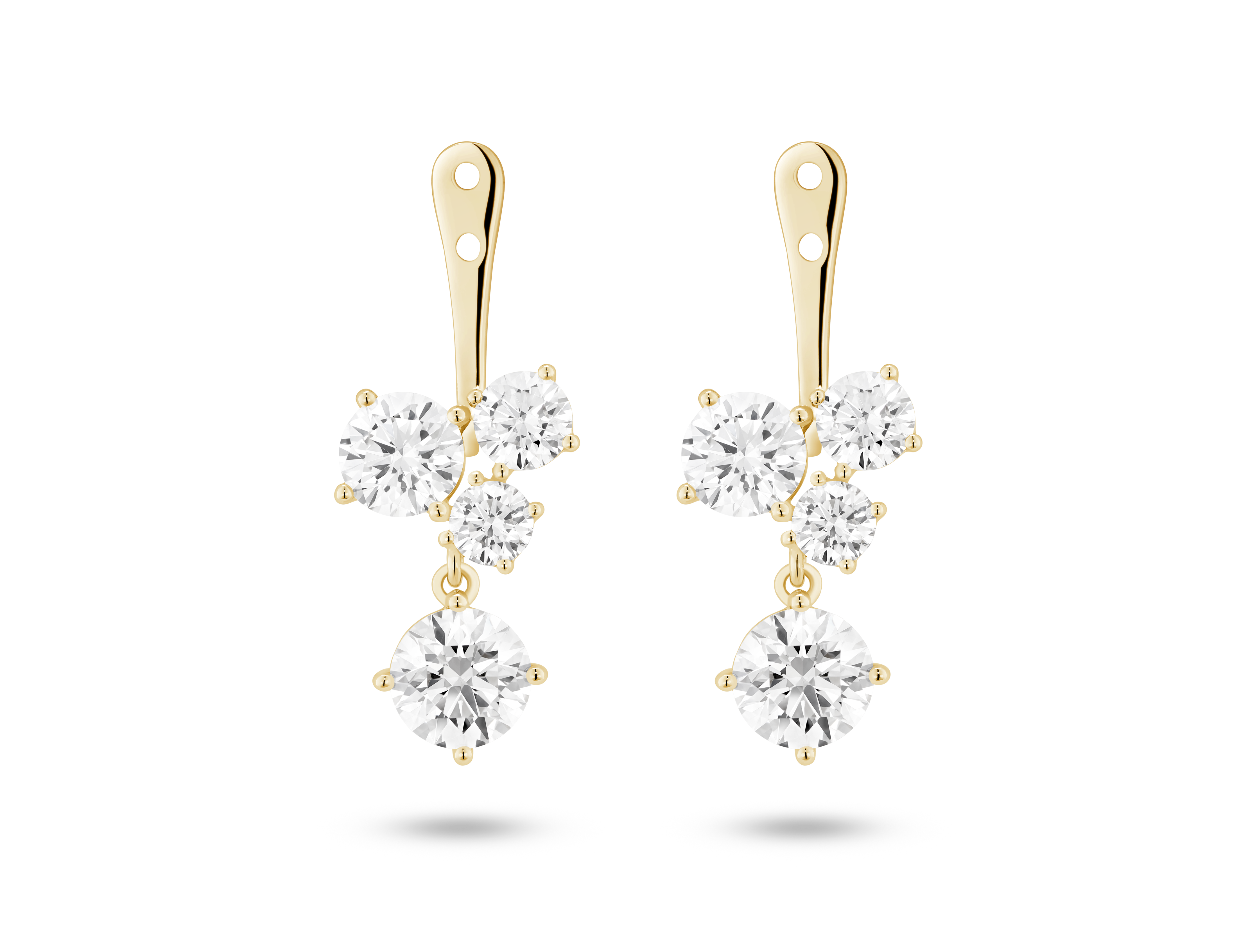 Front view of 3.3 carat total weight round brilliant cluster ear jacket earrings in 14k yellow gold