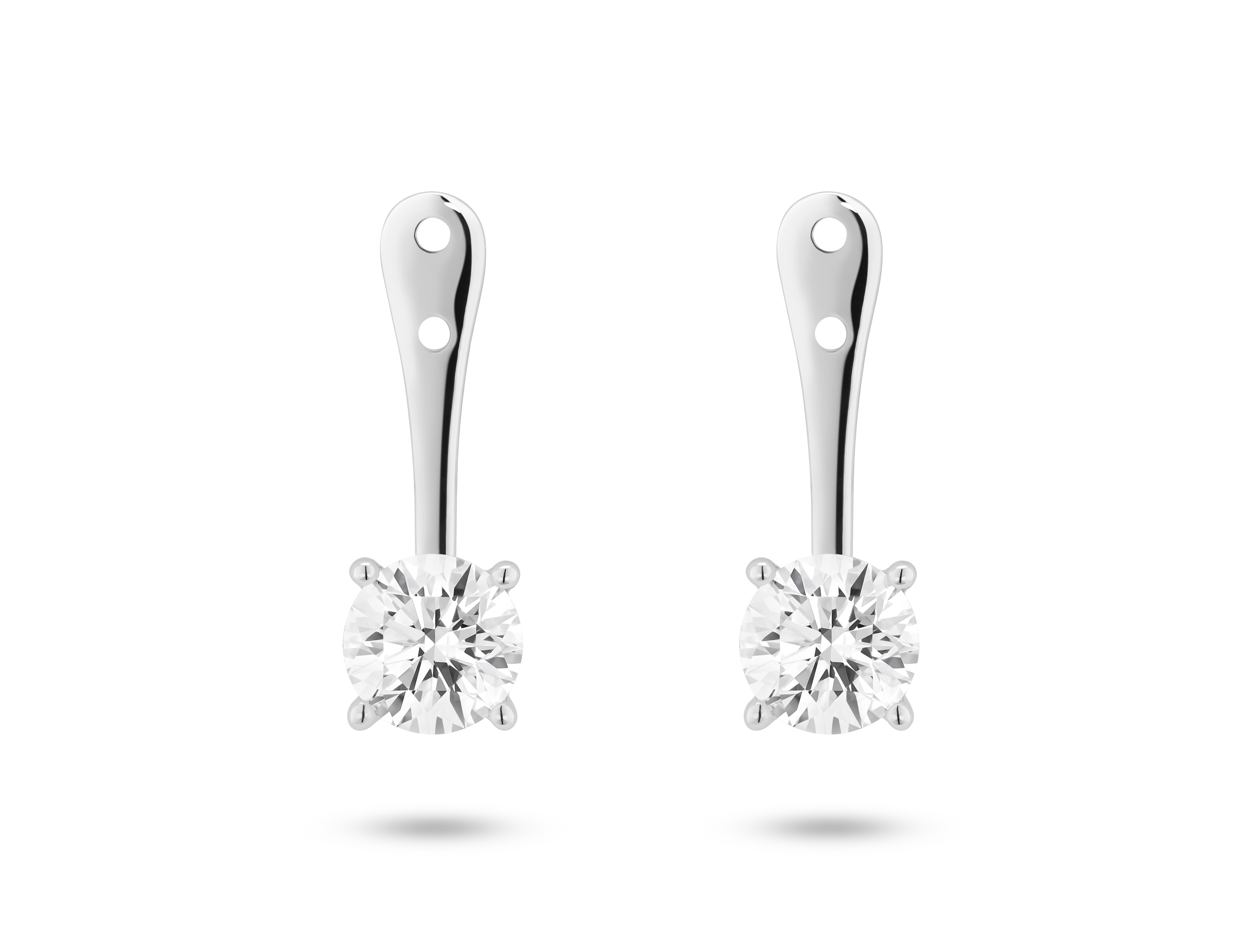 Front view of 1 carat total weight round brilliant ear jacket earrings in 14k white gold