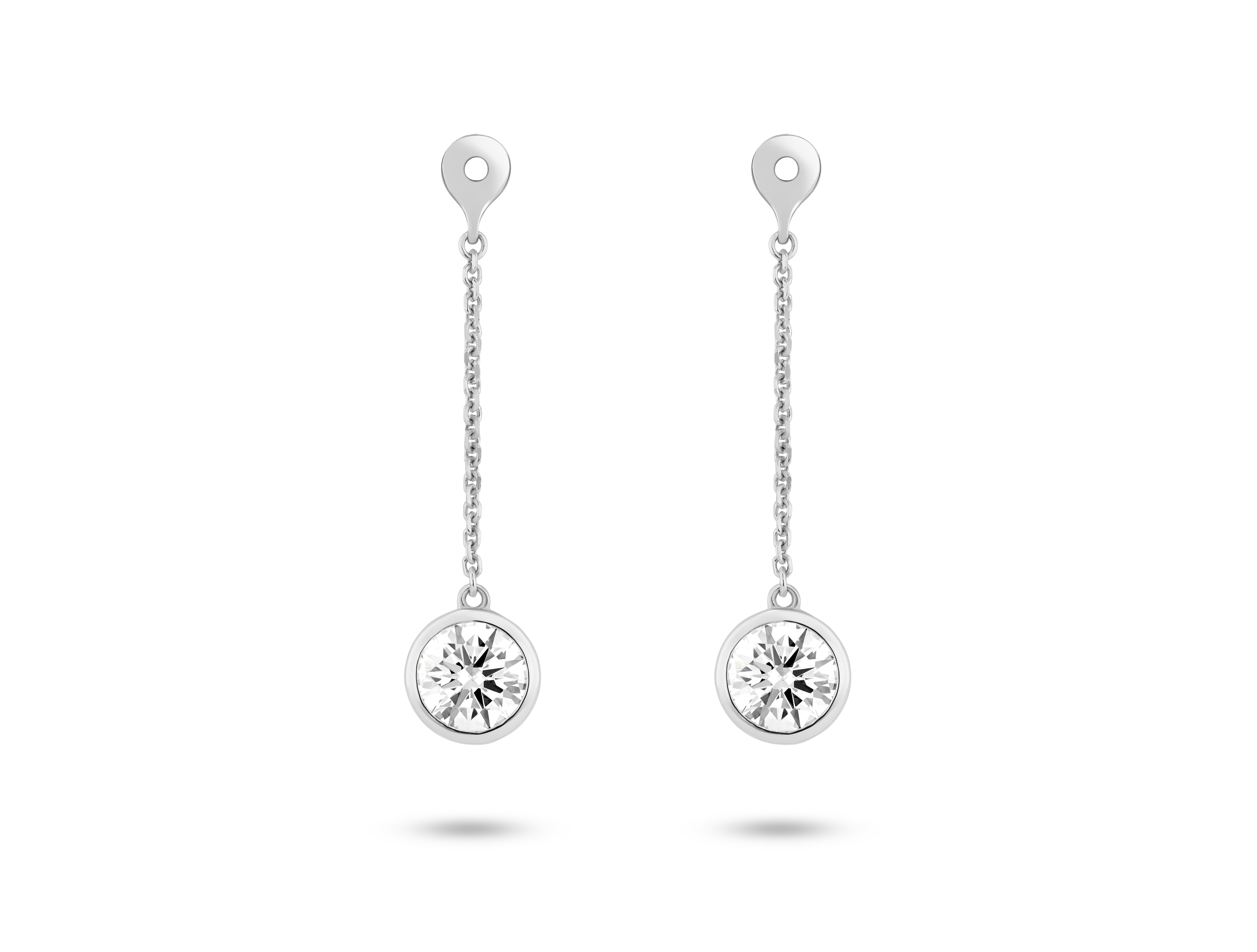 Front view of 1 carat total weight round brilliant bezel drop ear jacket earrings in 14k white gold