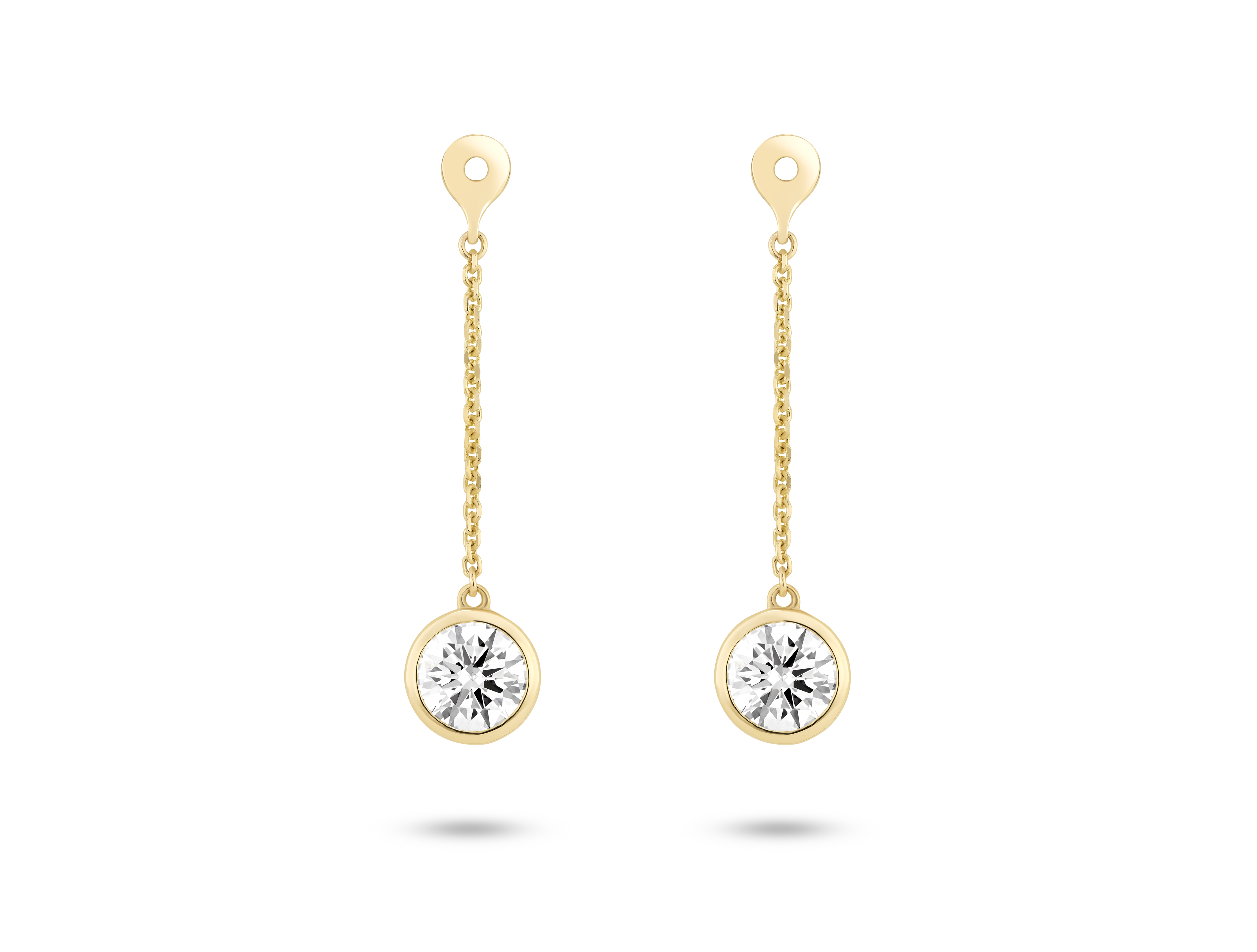 Front view of 1 carat total weight round brilliant bezel drop ear jacket earrings in 14k yellow gold