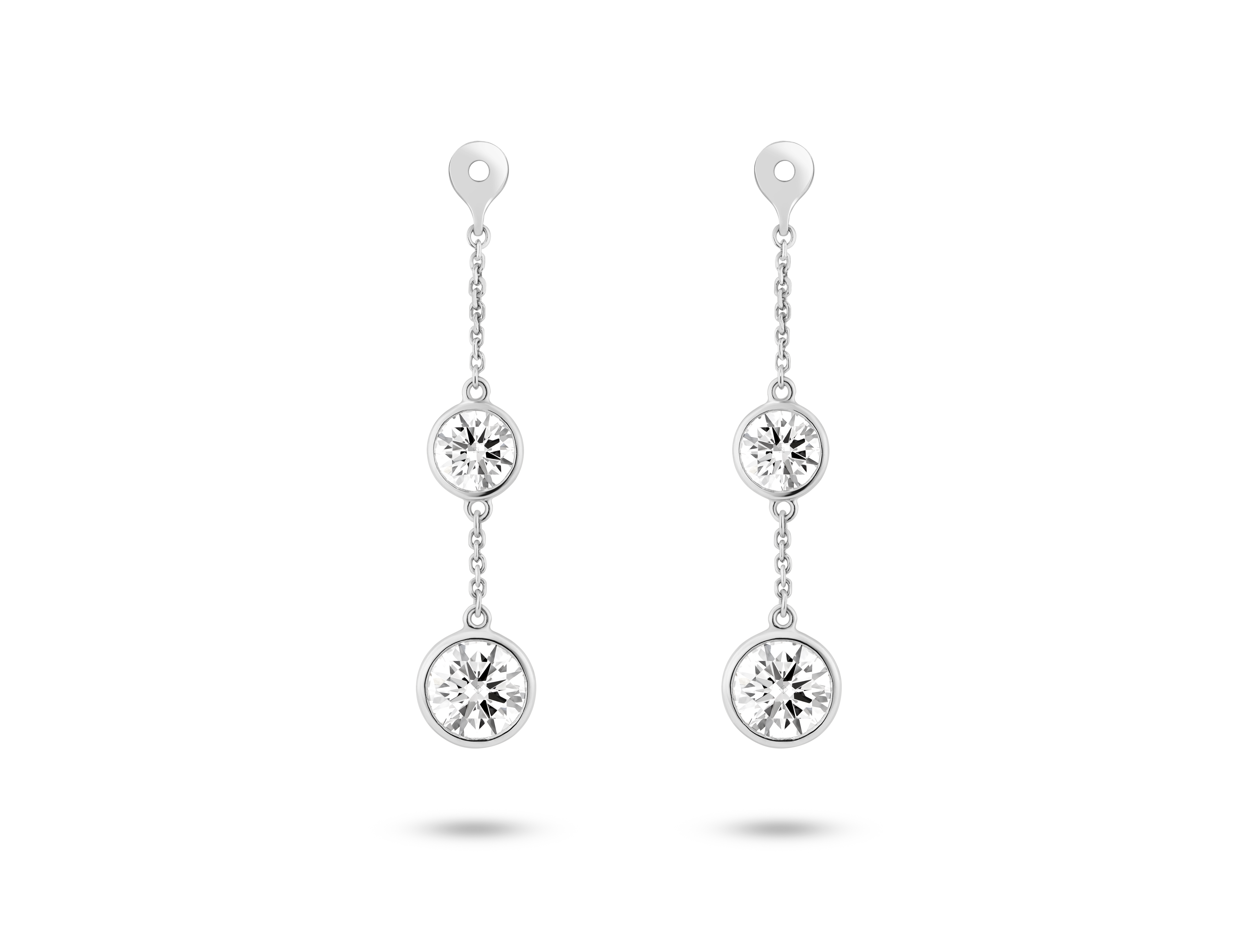 Front view of 1.5 carat total weight round brilliant double drop bezel ear jacket earrings in 14k white gold