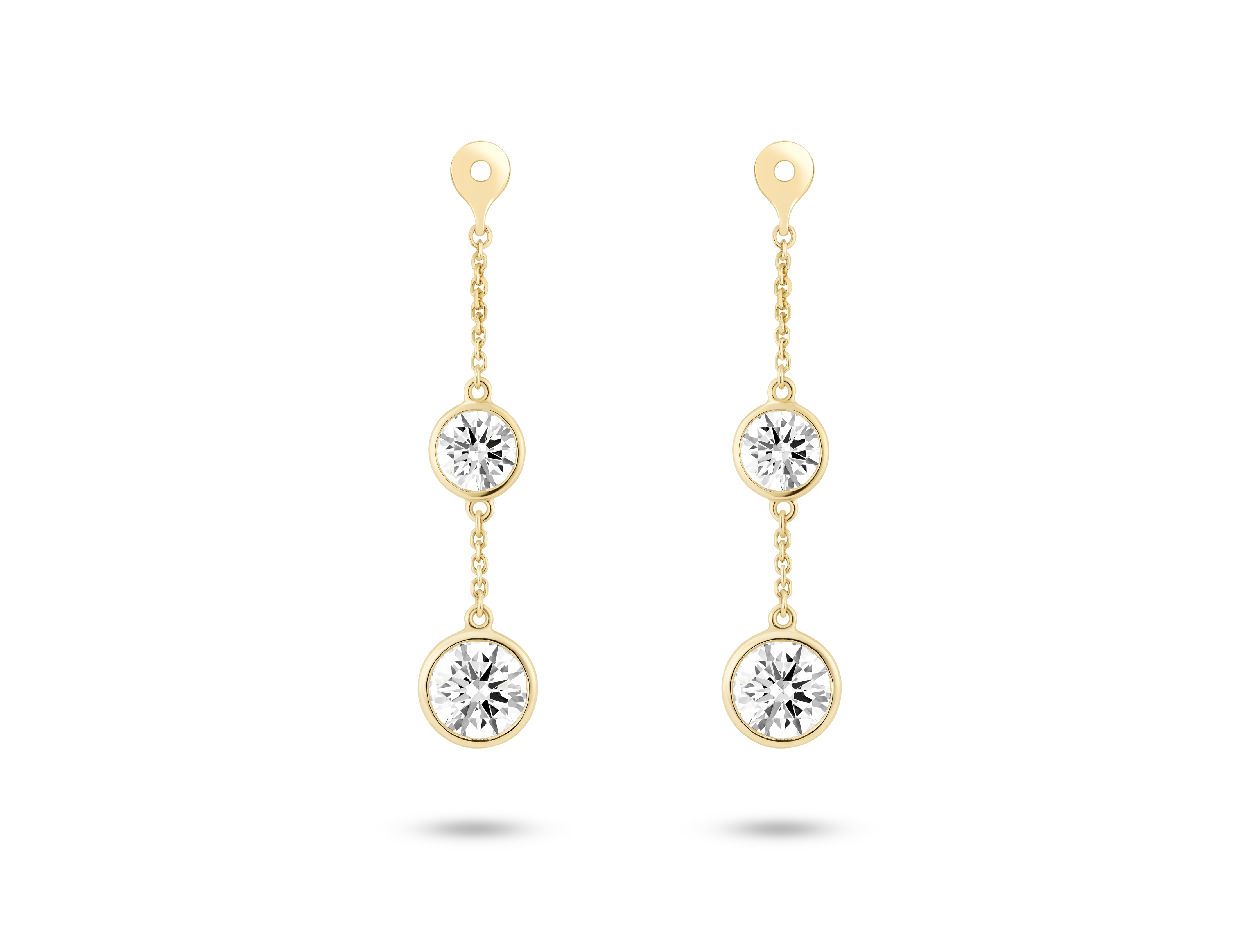 Front view of 1.5 carat total weight round brilliant double drop bezel ear jacket earrings in 14k yellow gold