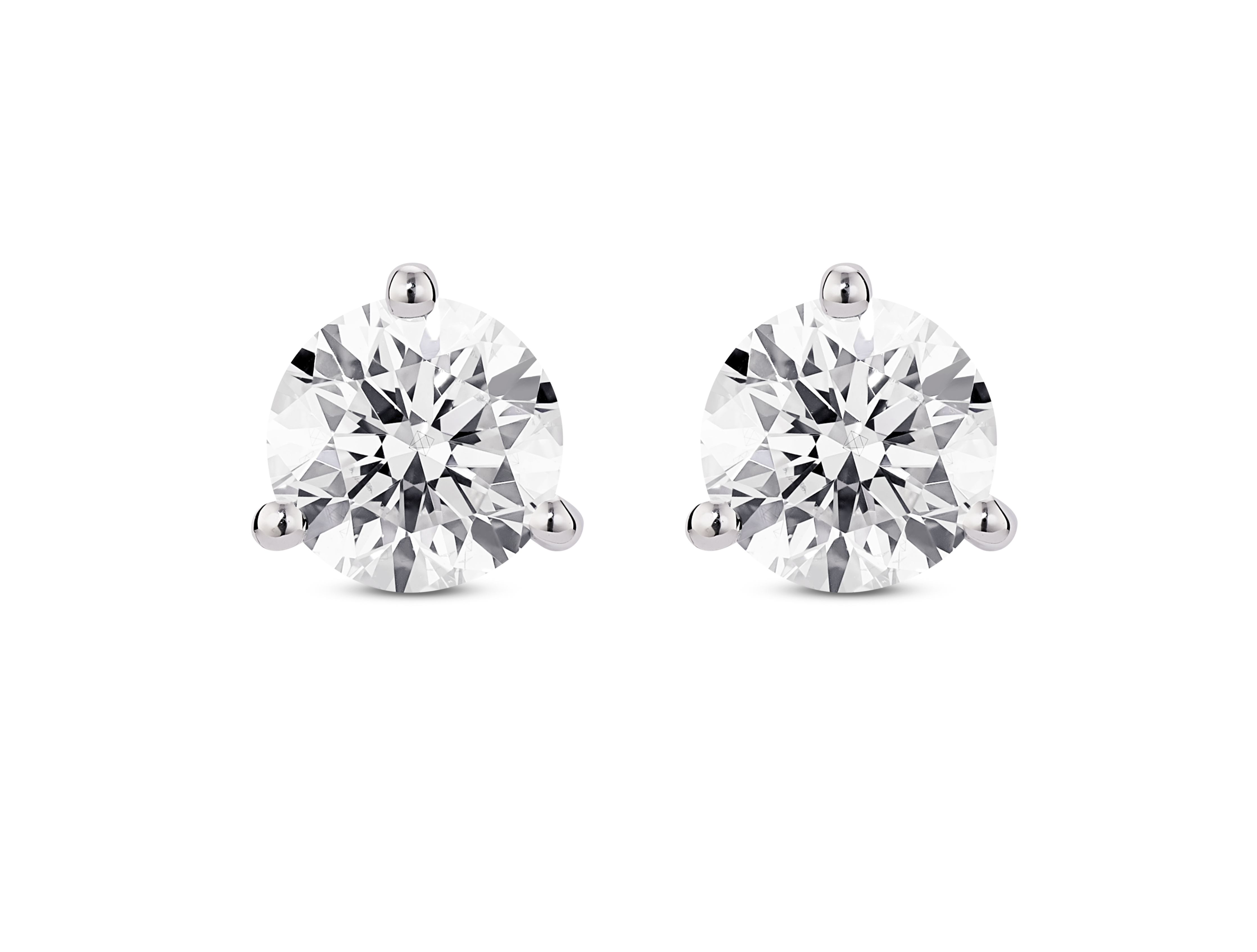 Front view of 2 carat total weight 14k white gold solitaire round brilliant gold studs with white diamonds