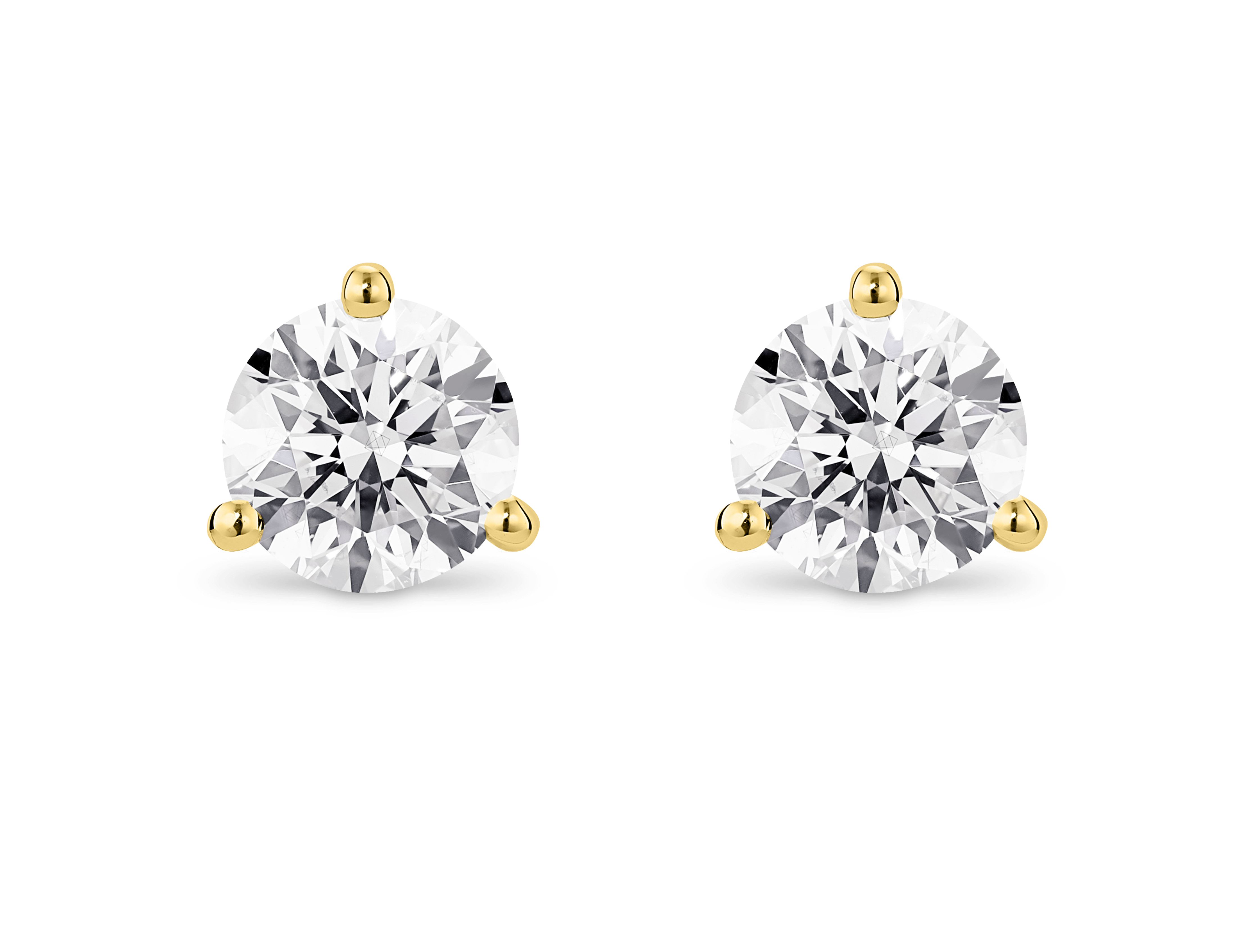 Front view of 2 carat total weight 14k yellow gold solitaire round brilliant gold studs with white diamonds