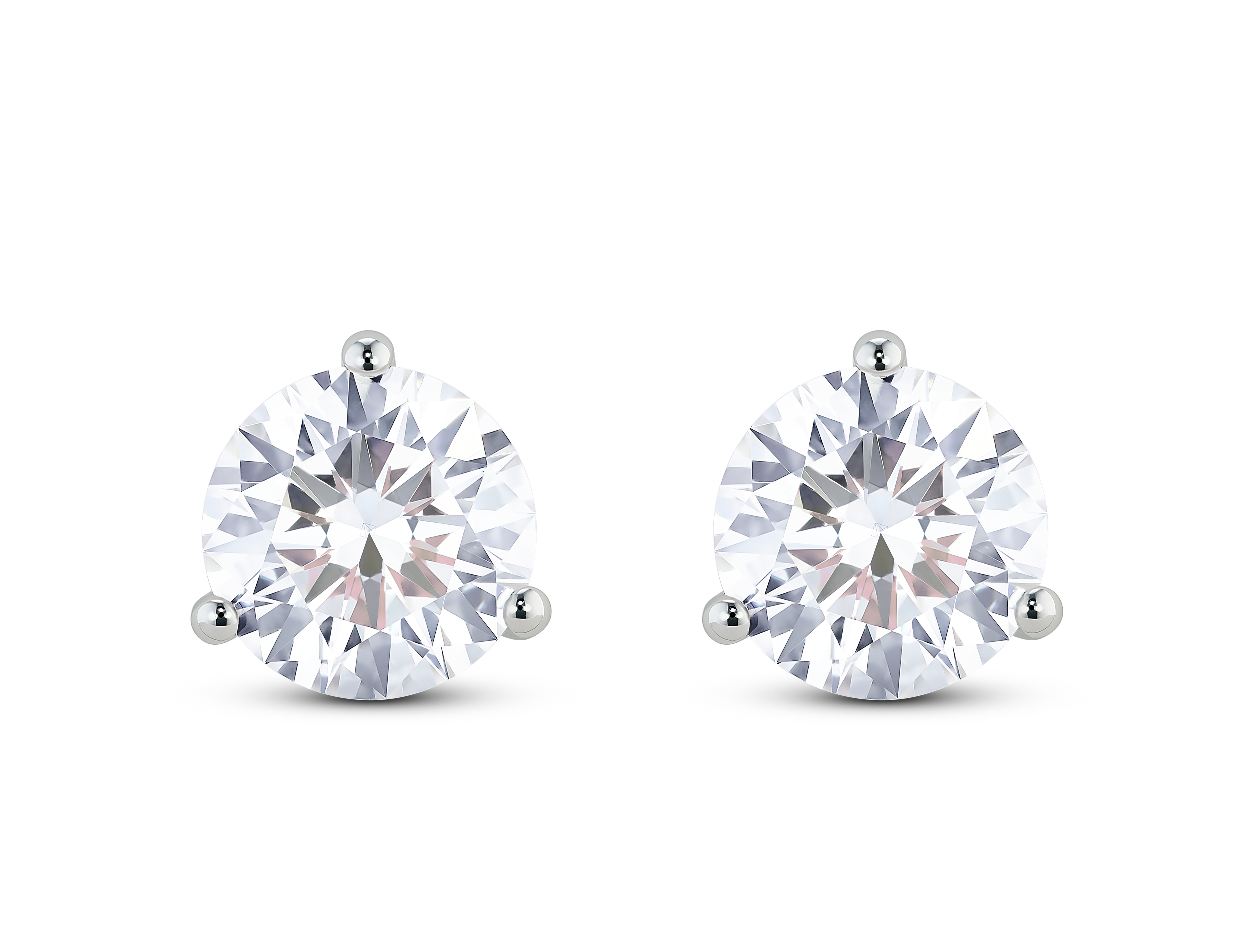 Front view of 3 carat total weight round brilliant solitaire studs in 14k white gold