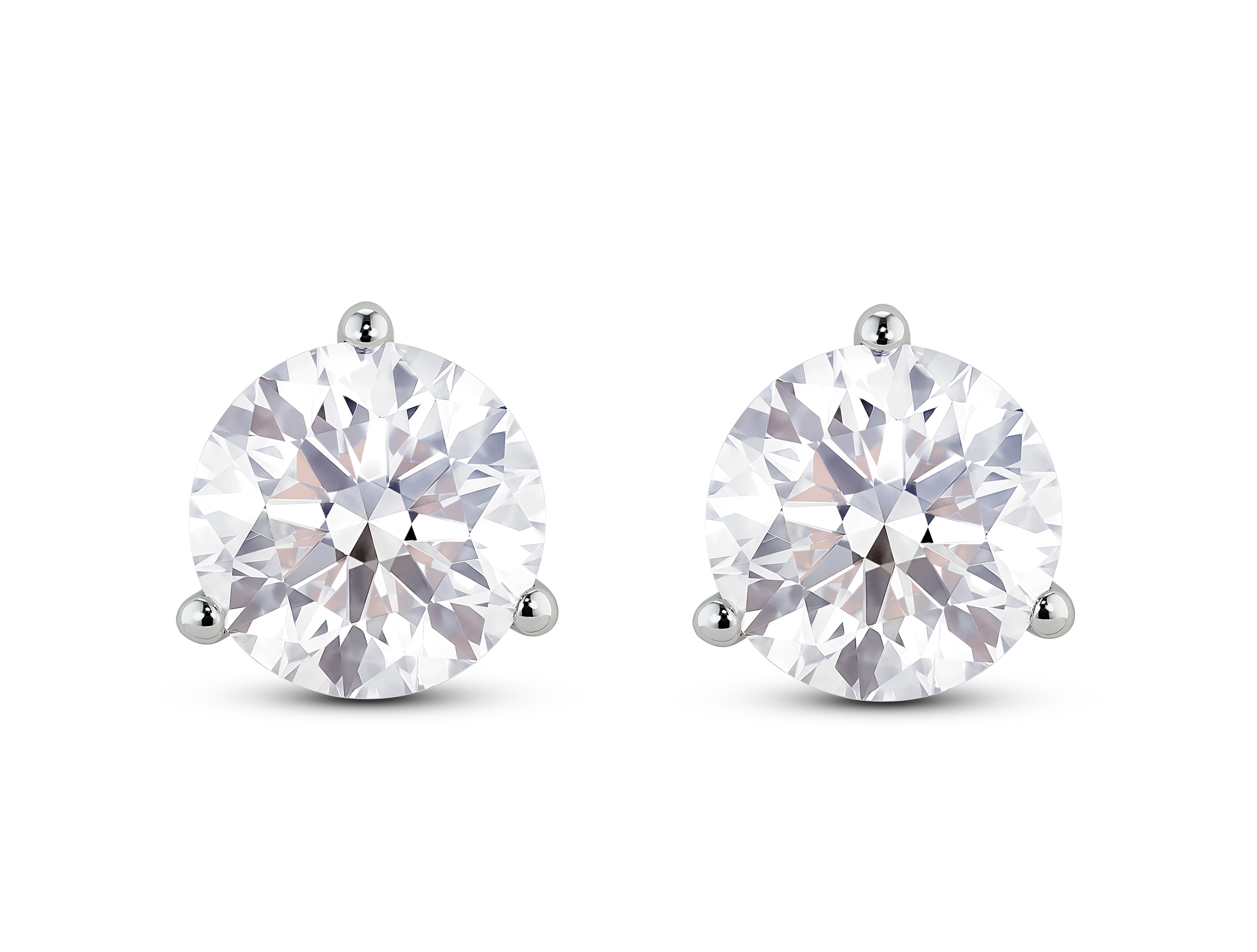 Front view of 3½ carat total weight round brilliant solitaire studs in 14k white gold