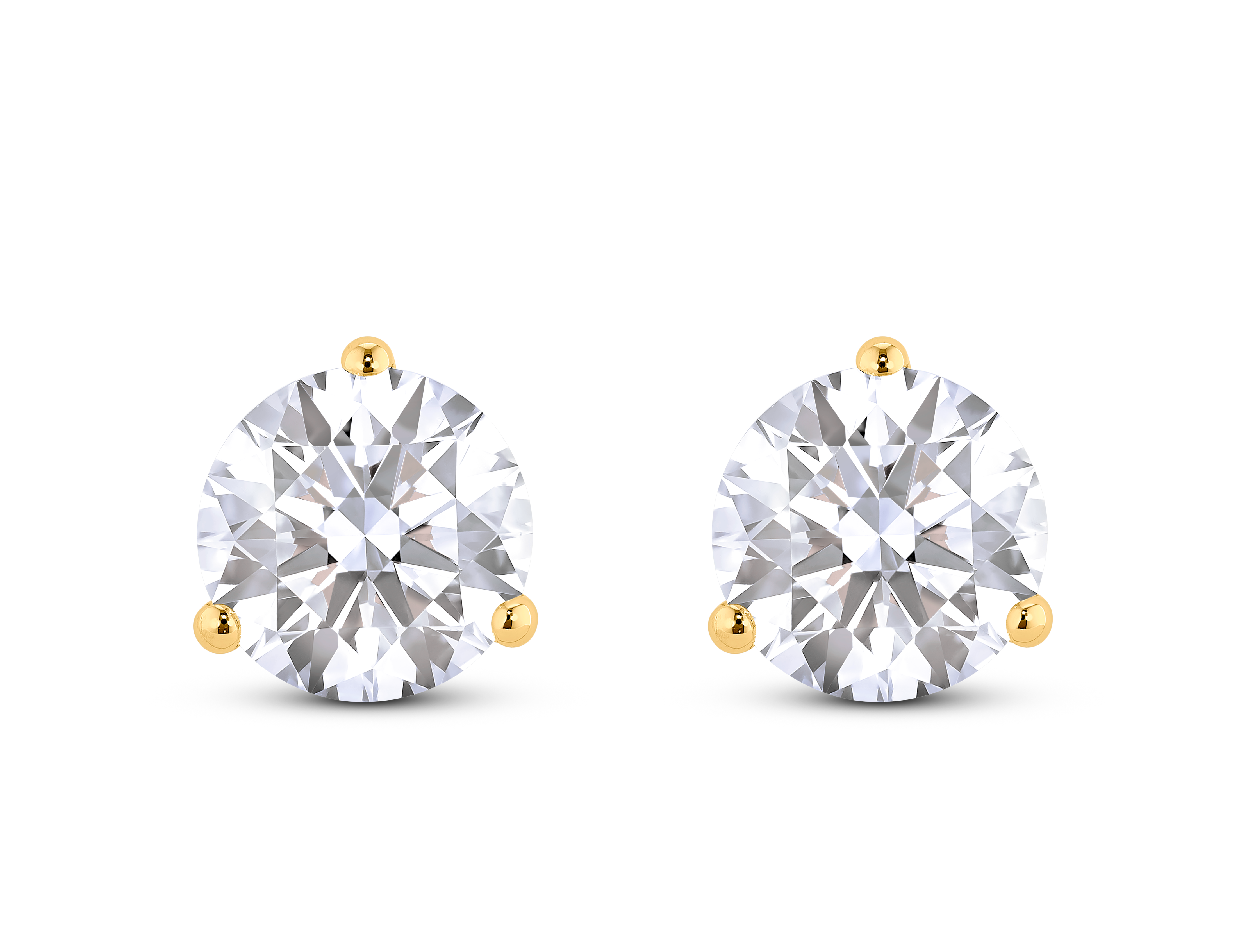 Front view of 3 carat total weight round brilliant solitaire studs in 14k yellow gold