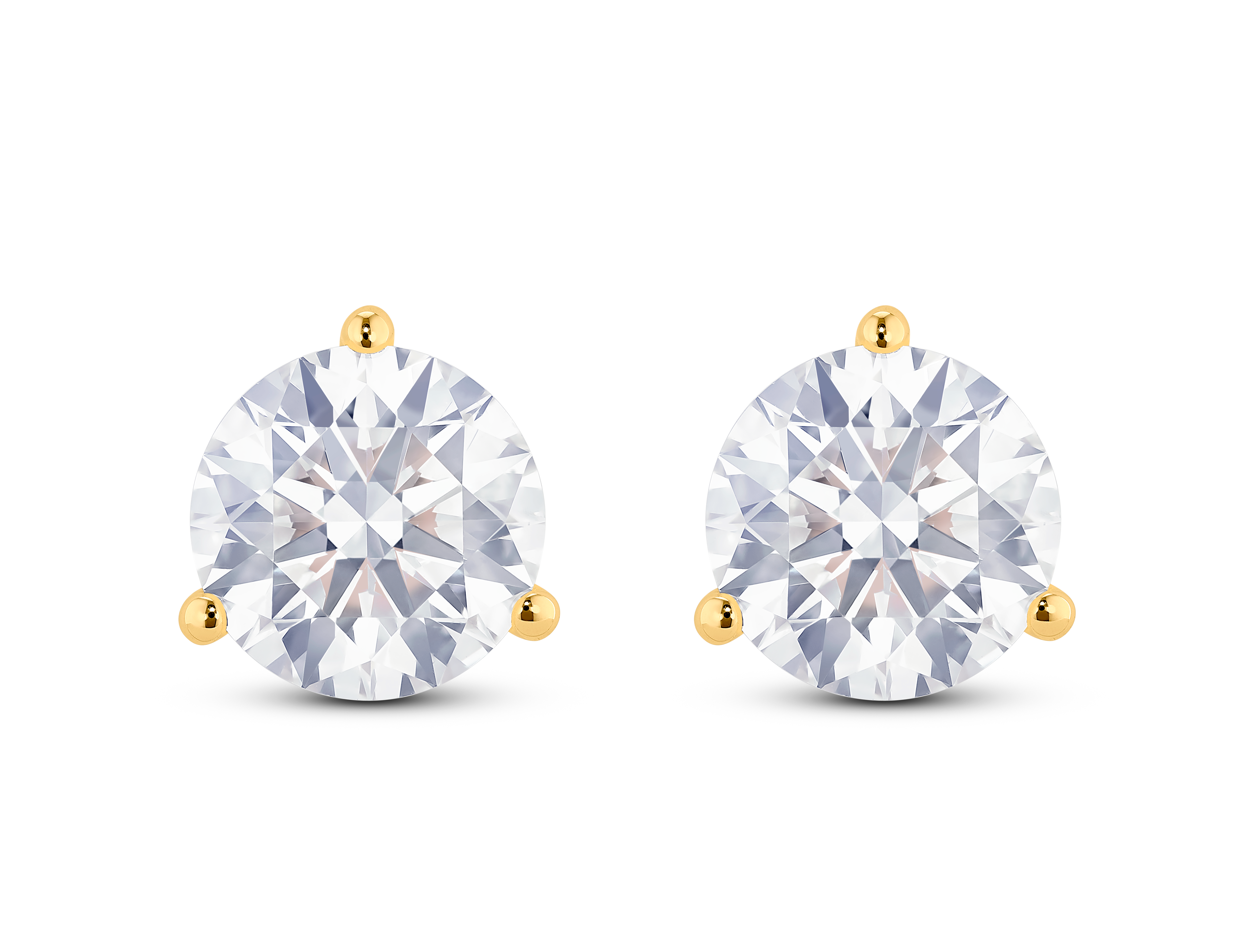 Front view of 3½ carat total weight round brilliant solitaire studs in 14k yellow gold