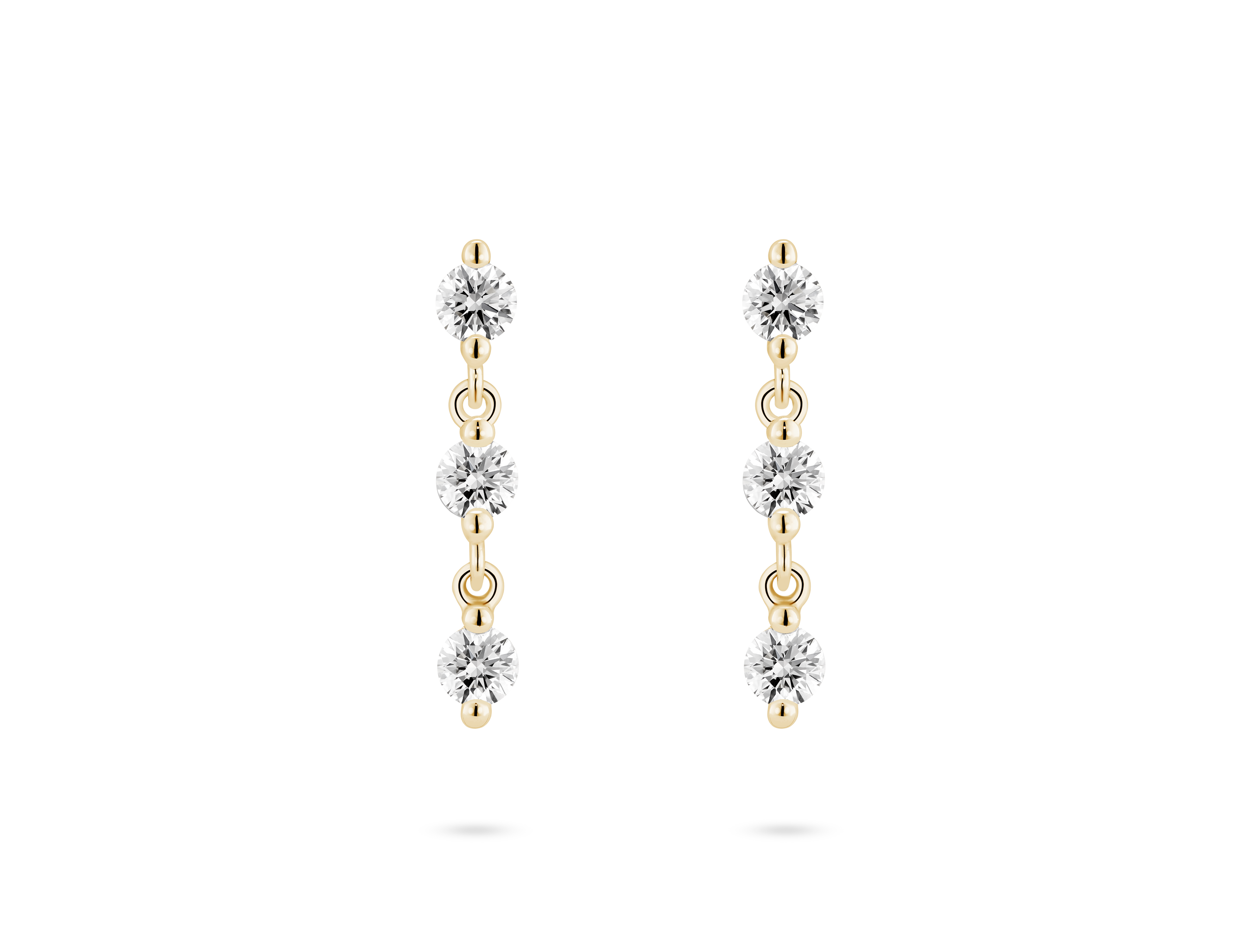 Front view of 0.9 carat total weight line drop earrings in 14k yellow gold