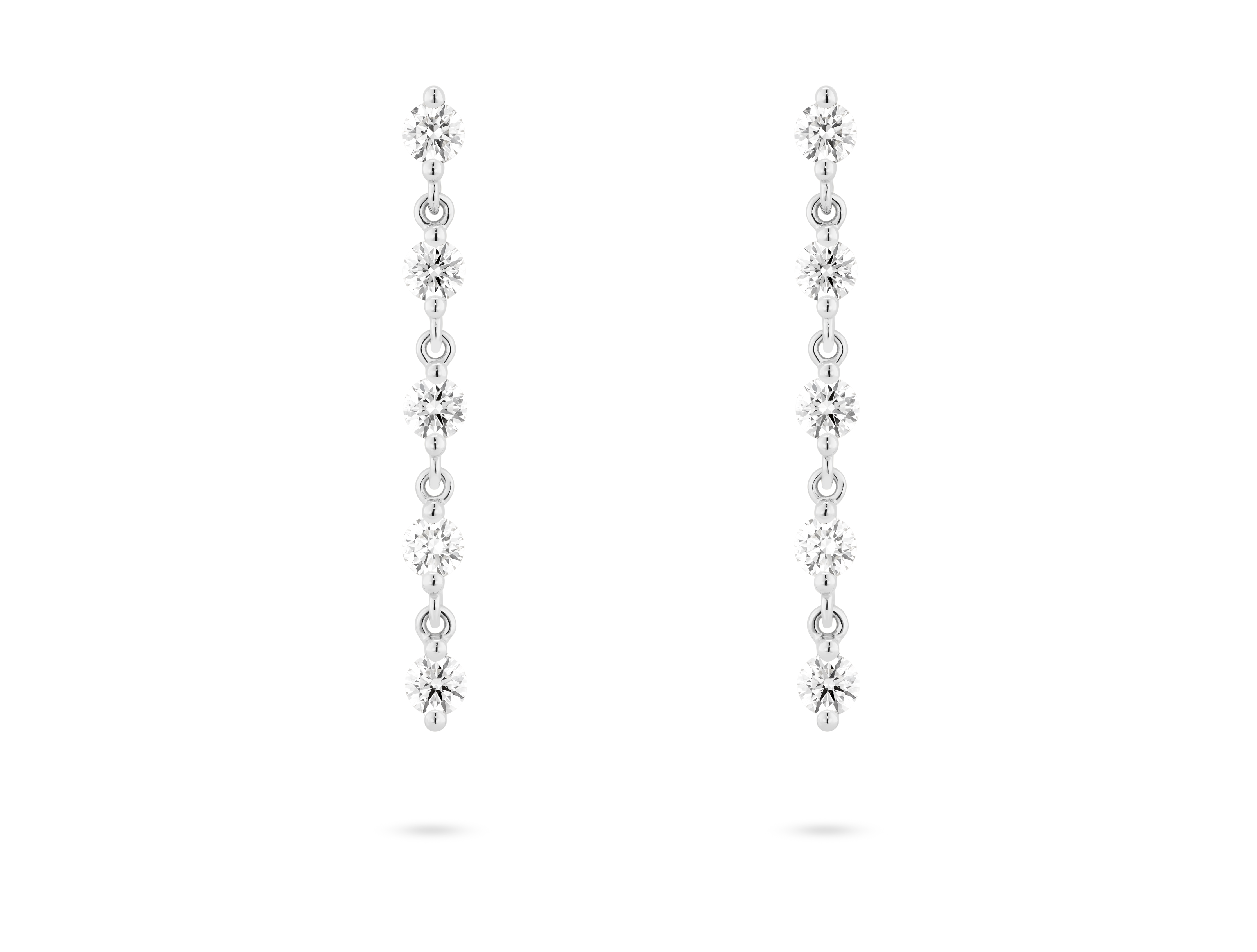 Front view of 1.2 carat total weight round brilliant line drop earrings in 14k white gold