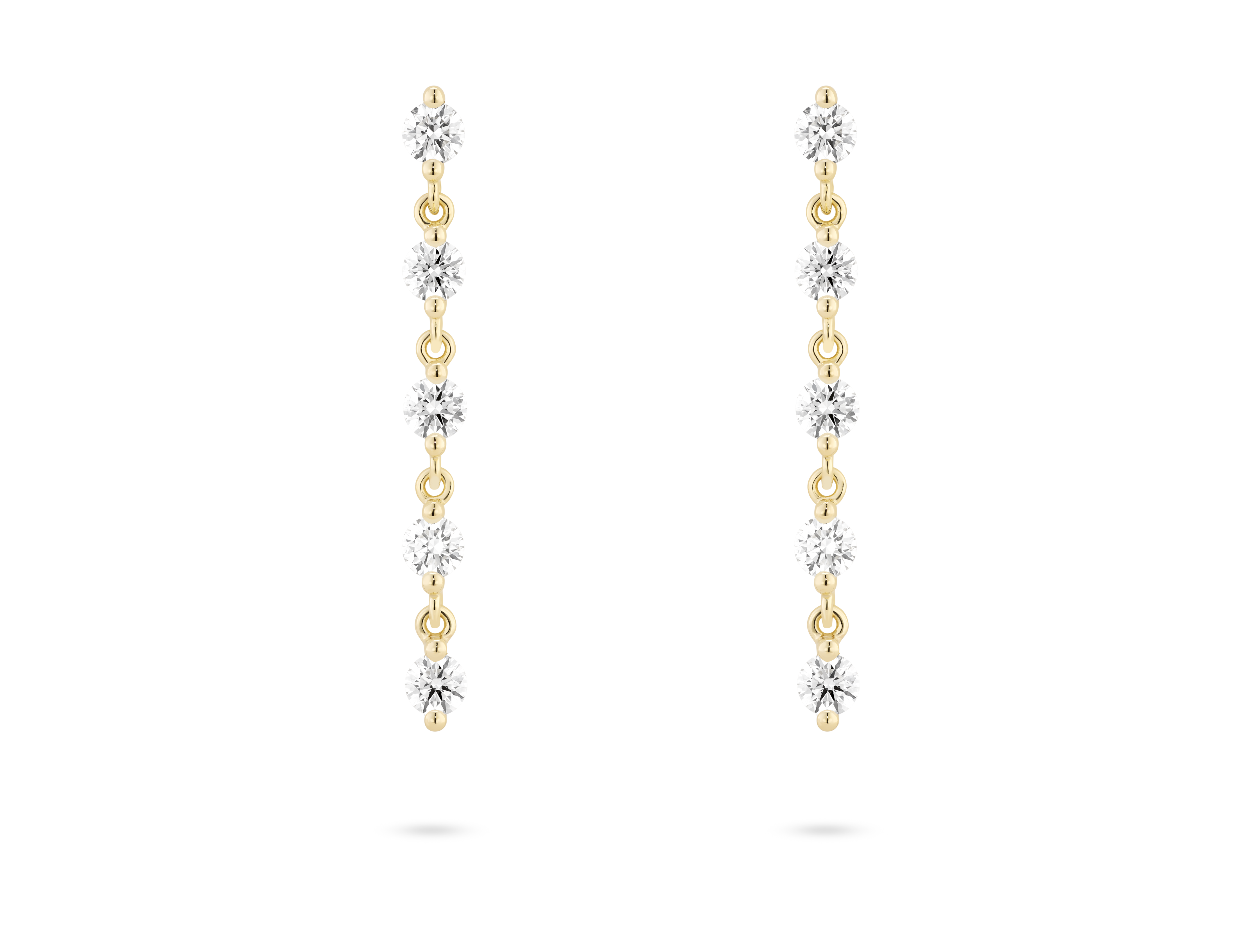 Front view of 1.2 carat total weight round brilliant line drop earrings in 14k yellow gold