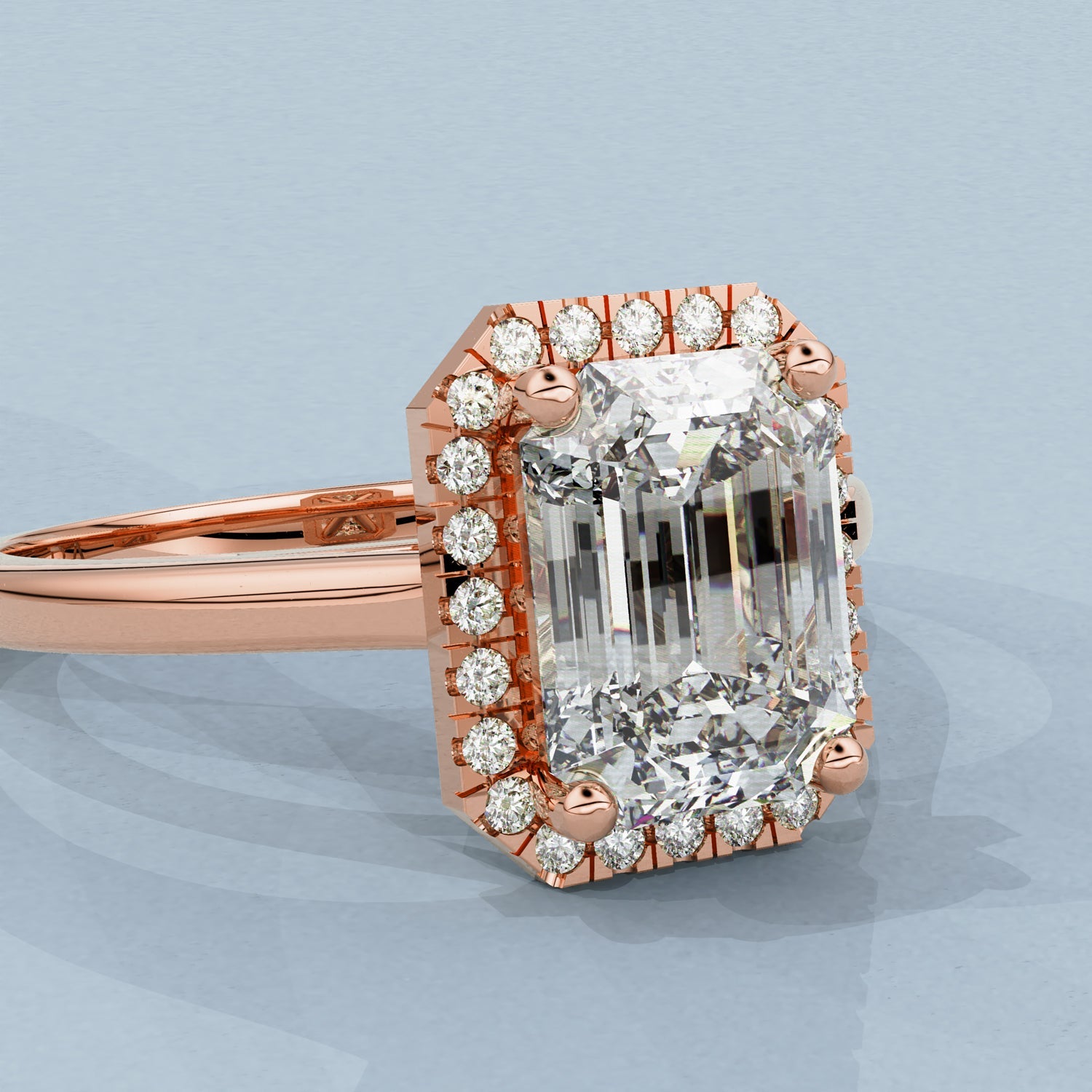 Eva Halo Engagement Ring, Emerald Cut With Cathedral