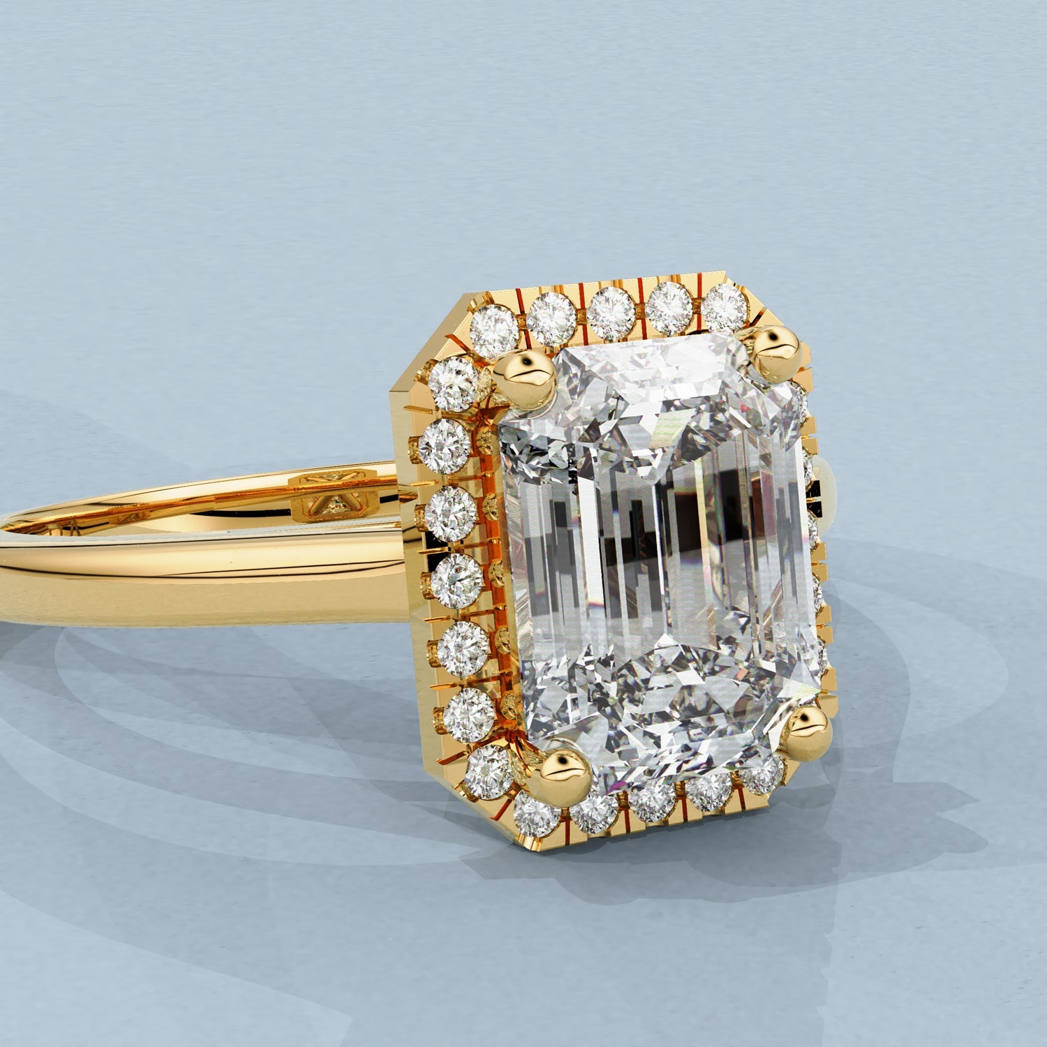 Eva Halo Engagement Ring, Emerald Cut With Cathedral