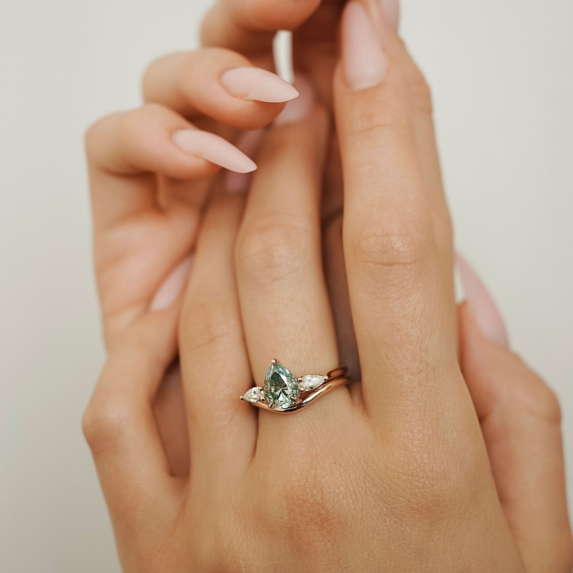 Purity Petal Hidden Halo Three Stone Engagement Ring, Cyan Green Moissanite