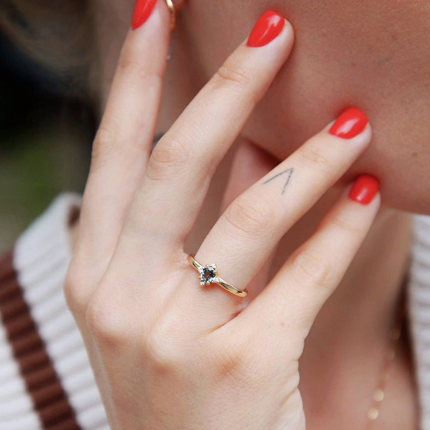 Romantic Heart Sapphire Halo Ring, Greenish Blue Sapphire